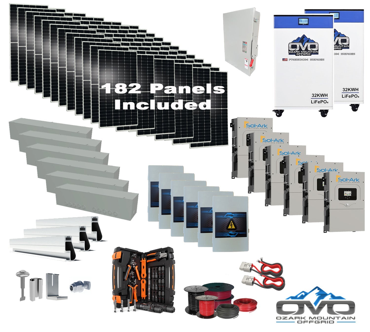 100KW Complete Offgrid Solar Kit + 6x 15K Sol-Ark Inverter + 2x 32kWh OMO 48V Freedom Series Lithium Battery +100.2KW Solar with Roof Mount and Wiring