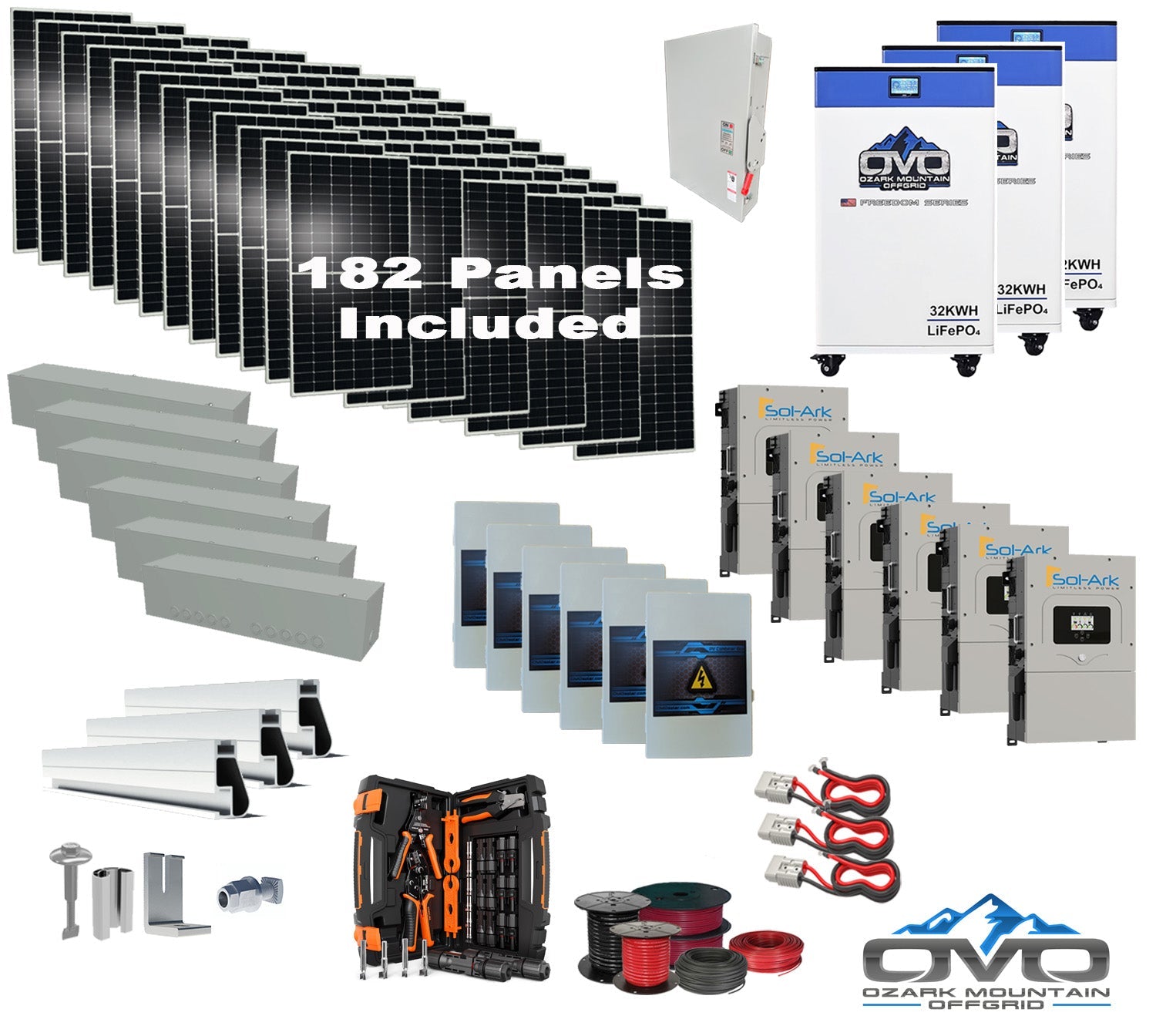 100KW Complete Offgrid Solar Kit + 6x 15K Sol-Ark Inverter + 3x 32kWh OMO 48V Freedom Series Lithium Battery +100.2KW Solar with Roof Mount and Wiring