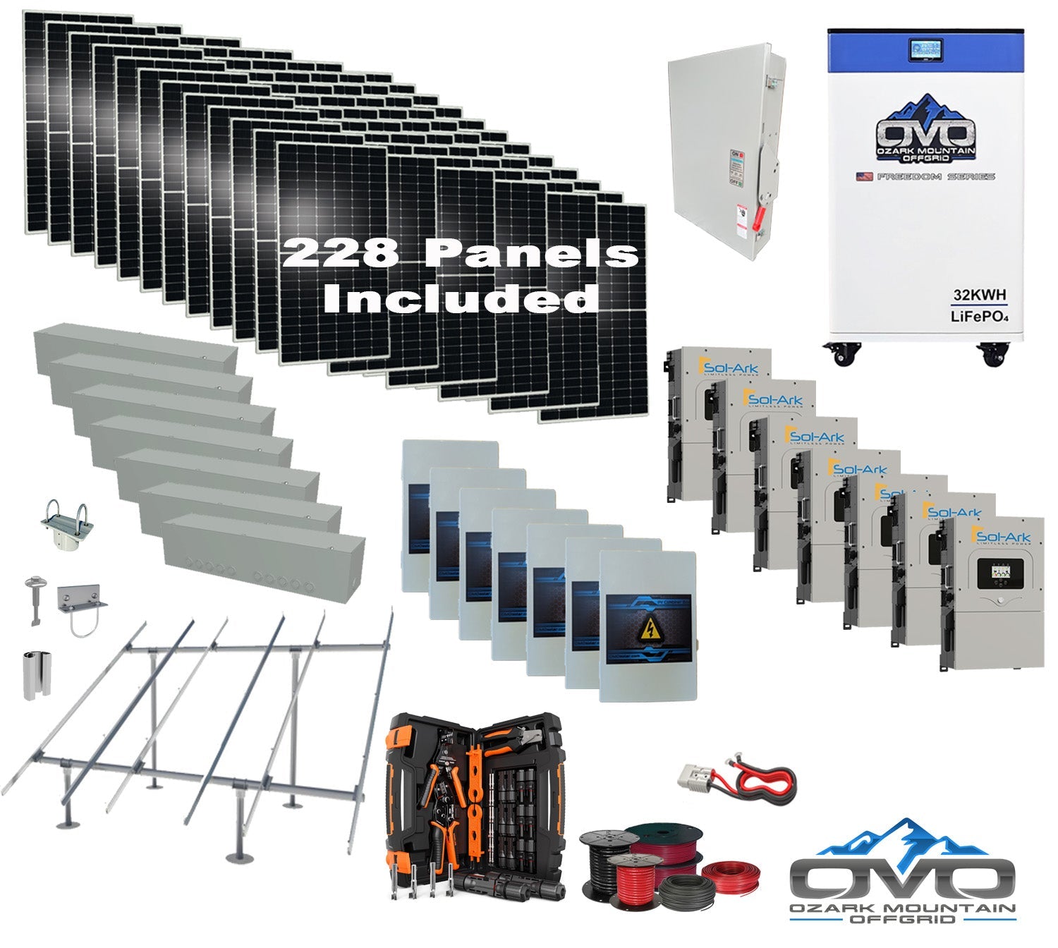 125KW Complete Offgrid Solar Kit + 7x 15K Sol-Ark Inverter + 32kWh OMO 48V Freedom Series Lithium Battery +125.4KW Solar with Ground Mount and Wiring