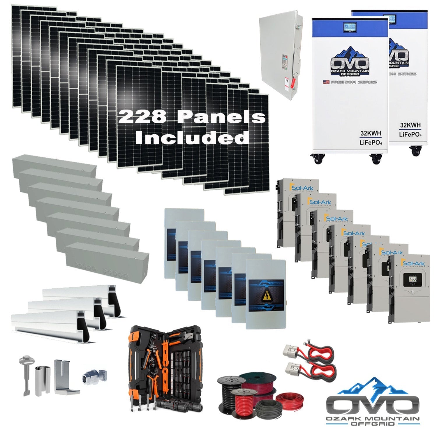 125KW Complete Offgrid Solar Kit + 7x 15K Sol-Ark Inverter + 2x 32kWh OMO 48V Freedom Series Lithium Battery +125.4KW Solar with Roof Mount and Wiring