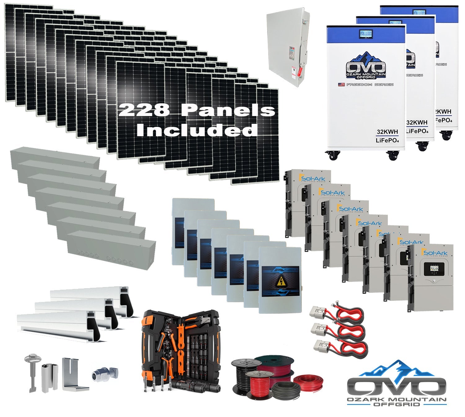 125KW Complete Offgrid Solar Kit + 7x 15K Sol-Ark Inverter + 3x 32kWh OMO 48V Freedom Series Lithium Battery +125.4KW Solar with Roof Mount and Wiring