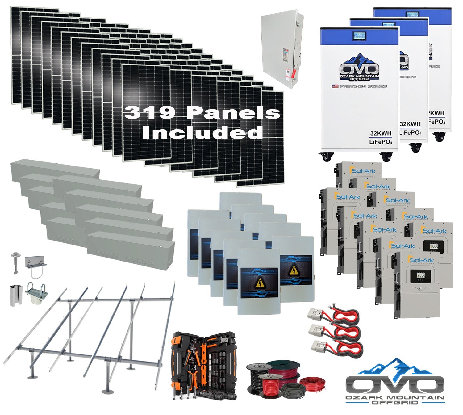 175KW Complete Offgrid Solar Kit + 10x 15K Sol-Ark Inverter + 3x 32kWh OMO 48V Freedom Series Lithium Battery +175.45KW Solar with Ground Mount and Wiring