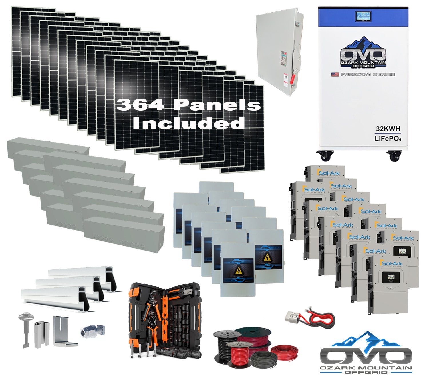 200KW Complete Offgrid Solar Kit + 12x 15K Sol-Ark Inverter + OMO 48V Freedom Series Lithium Battery +200.2KW Solar with Roof Mount and Wiring