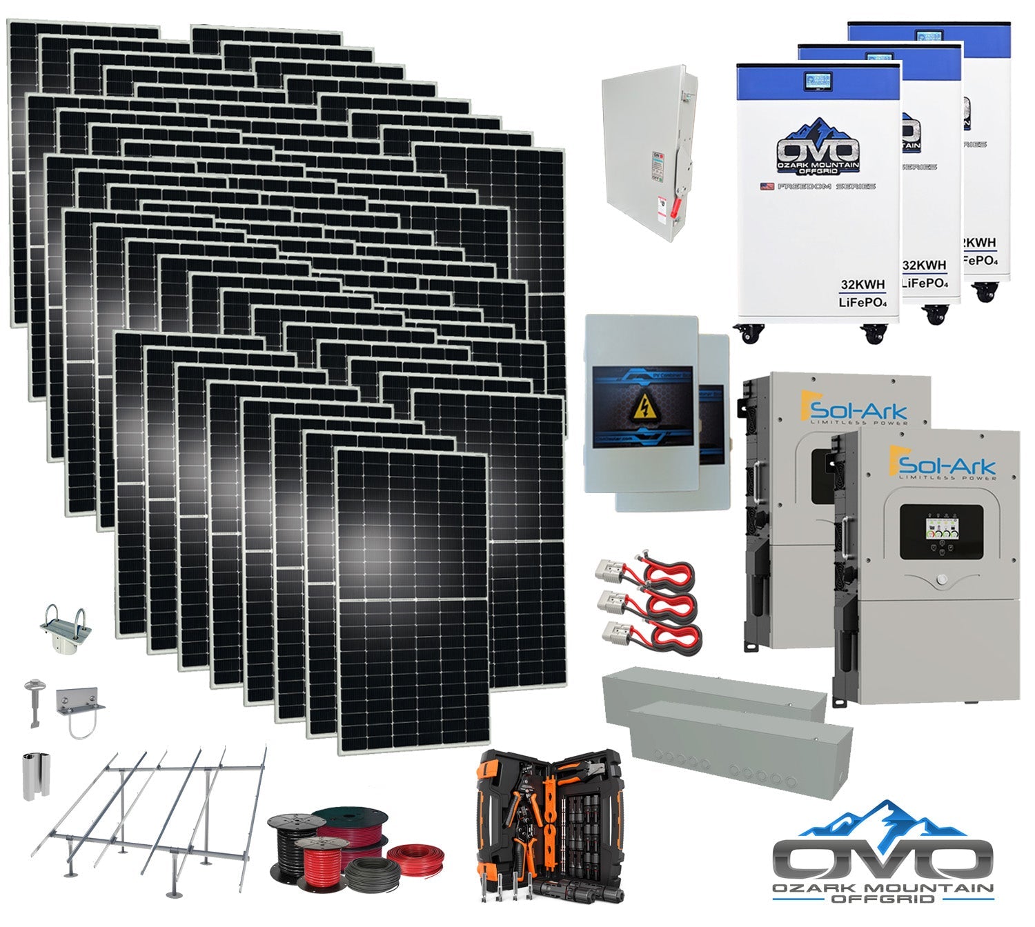 35KW Complete Offgrid Solar Kit + 2x 15K Sol-Ark Inverter + 3x 32kWh OMO 48V Freedom Series Lithium Battery +35.2KW Solar with Ground Mount and Wiring