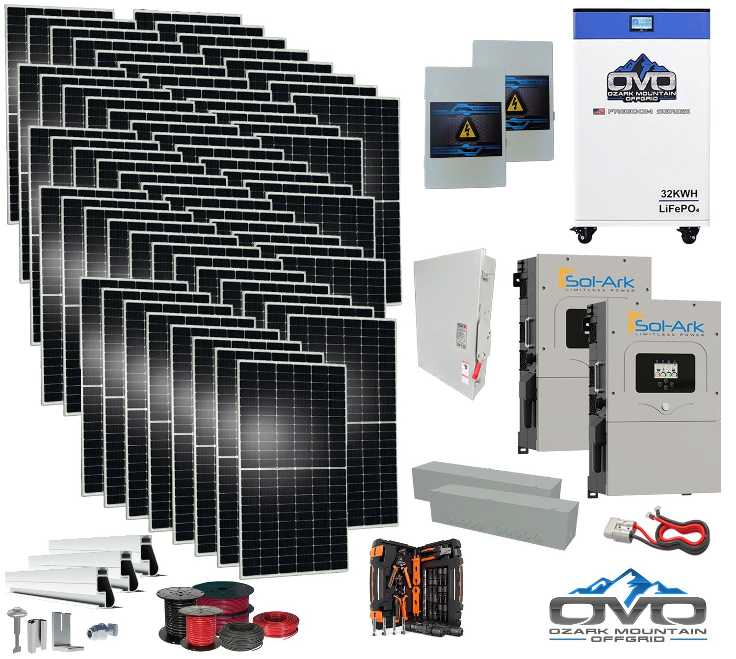 35KW Complete Offgrid Solar Kit + 2x 15K Sol-Ark Inverter + 32kWh OMO 48V Freedom Series Lithium Battery +35.2KW Solar with Roof Mount and Wiring