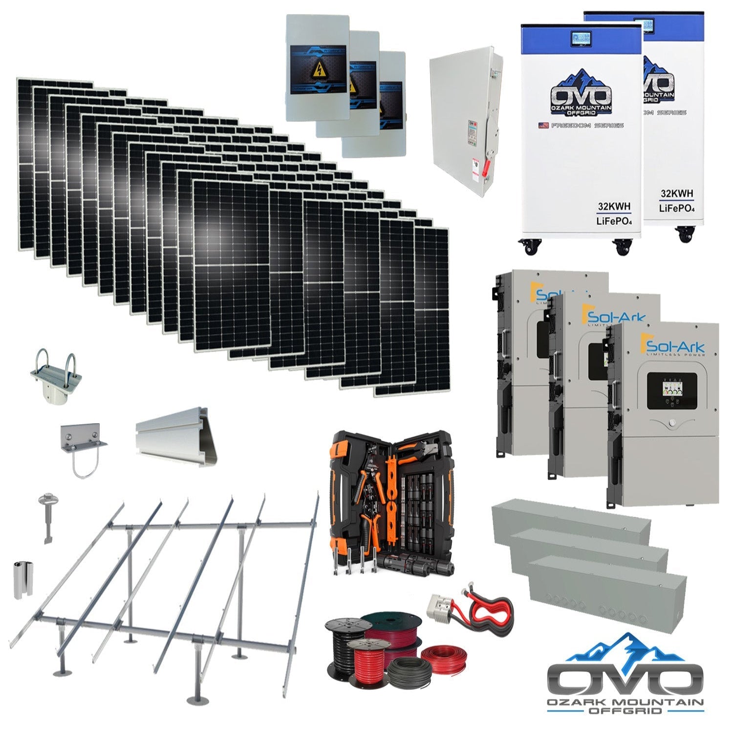 40KW Complete Offgrid Solar Kit + 3x 15K Sol-Ark Inverter + 32kWh OMO 48V Freedom Series Lithium Battery +40.15KW Solar with Ground Mount and Wiring