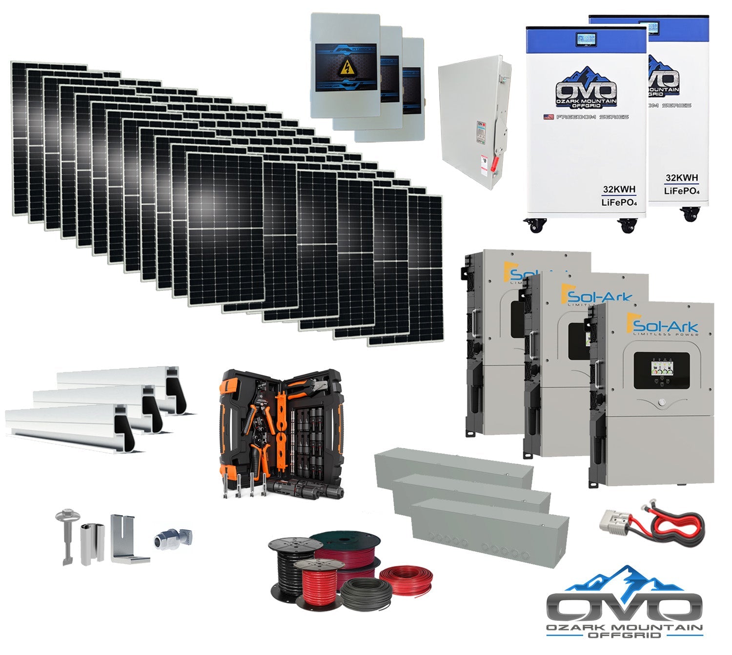40KW Complete Offgrid Solar Kit + 3x 15K Sol-Ark Inverter + 2x 32kWh OMO 48V Freedom Series Lithium Battery +40.15KW Solar with Roof Mount and Wiring