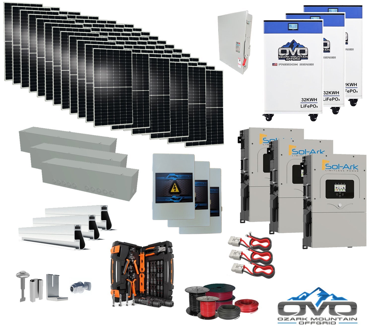 40KW Complete Offgrid Solar Kit + 3x 15K Sol-Ark Inverter + 3x 32kWh OMO 48V Freedom Series Lithium Battery +40.15KW Solar with Roof Mount and Wiring