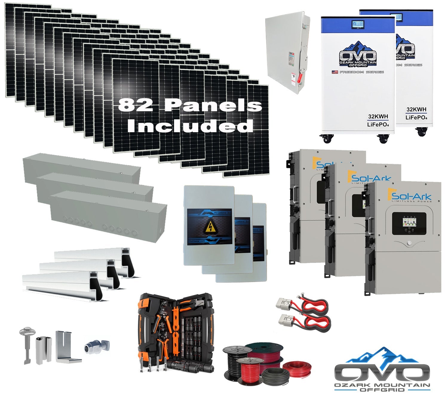 45KW Complete Offgrid Solar Kit + 3x 15K Sol-Ark Inverter + 2x 32kWh OMO 48V Freedom Series Lithium Battery +45.1KW Solar with Roof Mount and Wiring