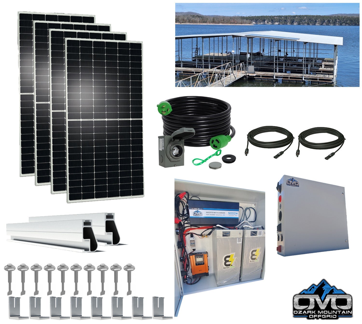 2.2KW Boat Dock Offgrid Solar Kit (4 Panel + 2 Lithium Batteries) - Mountable with Plug and Play Connections