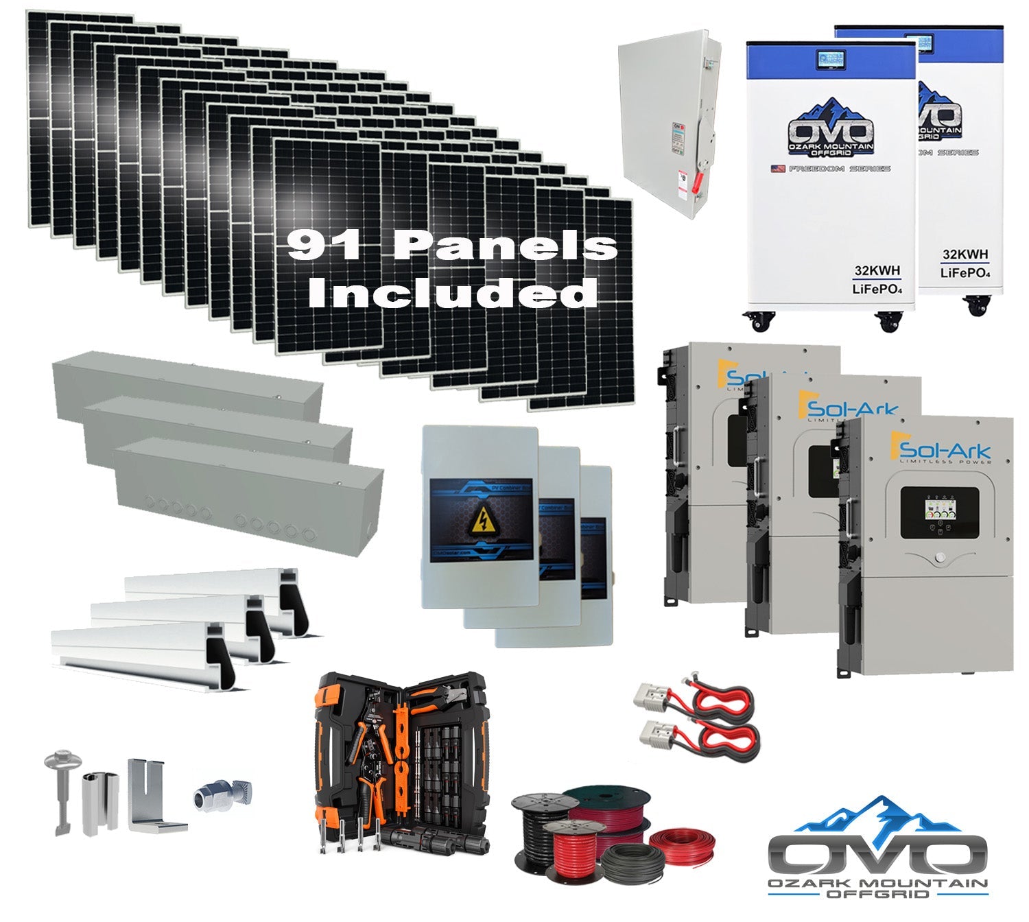 50KW Complete Offgrid Solar Kit + 3x 15K Sol-Ark Inverter + 2x 32kWh OMO 48V Freedom Series Lithium Battery +50.05KW Solar with Roof Mount and Wiring