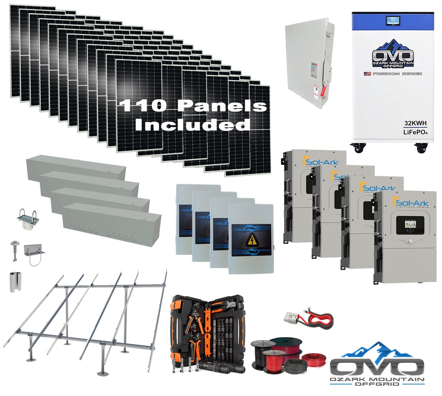 60KW Complete Offgrid Solar Kit + 4x 15K Sol-Ark Inverter + 32kWh OMO 48V Freedom Series Lithium Battery +60.5KW Solar with Ground Mount and Wiring