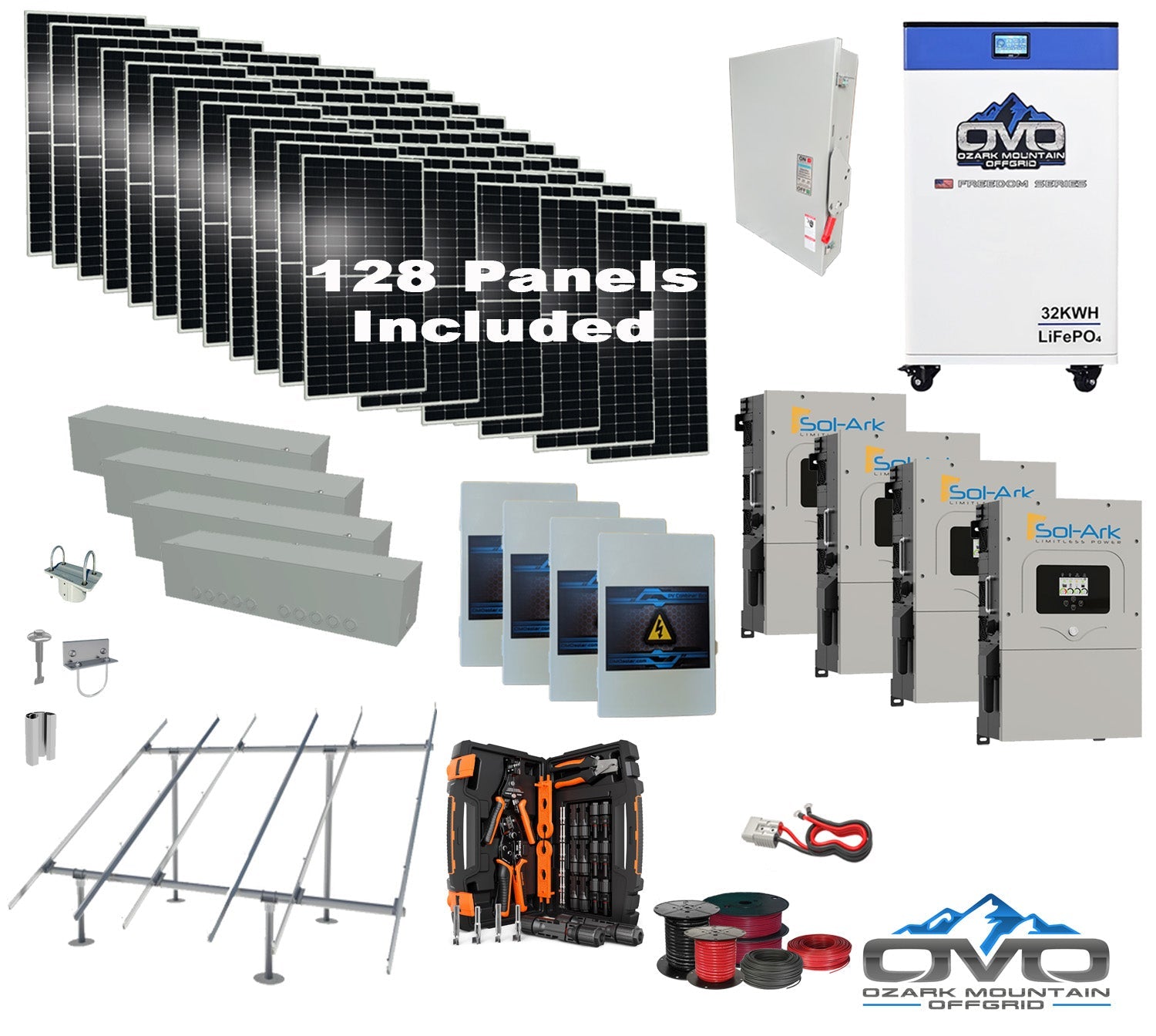 70KW Complete Offgrid Solar Kit + 4x 15K Sol-Ark Inverter + 32kWh OMO 48V Freedom Series Lithium Battery +70.4KW Solar with Ground Mount and Wiring