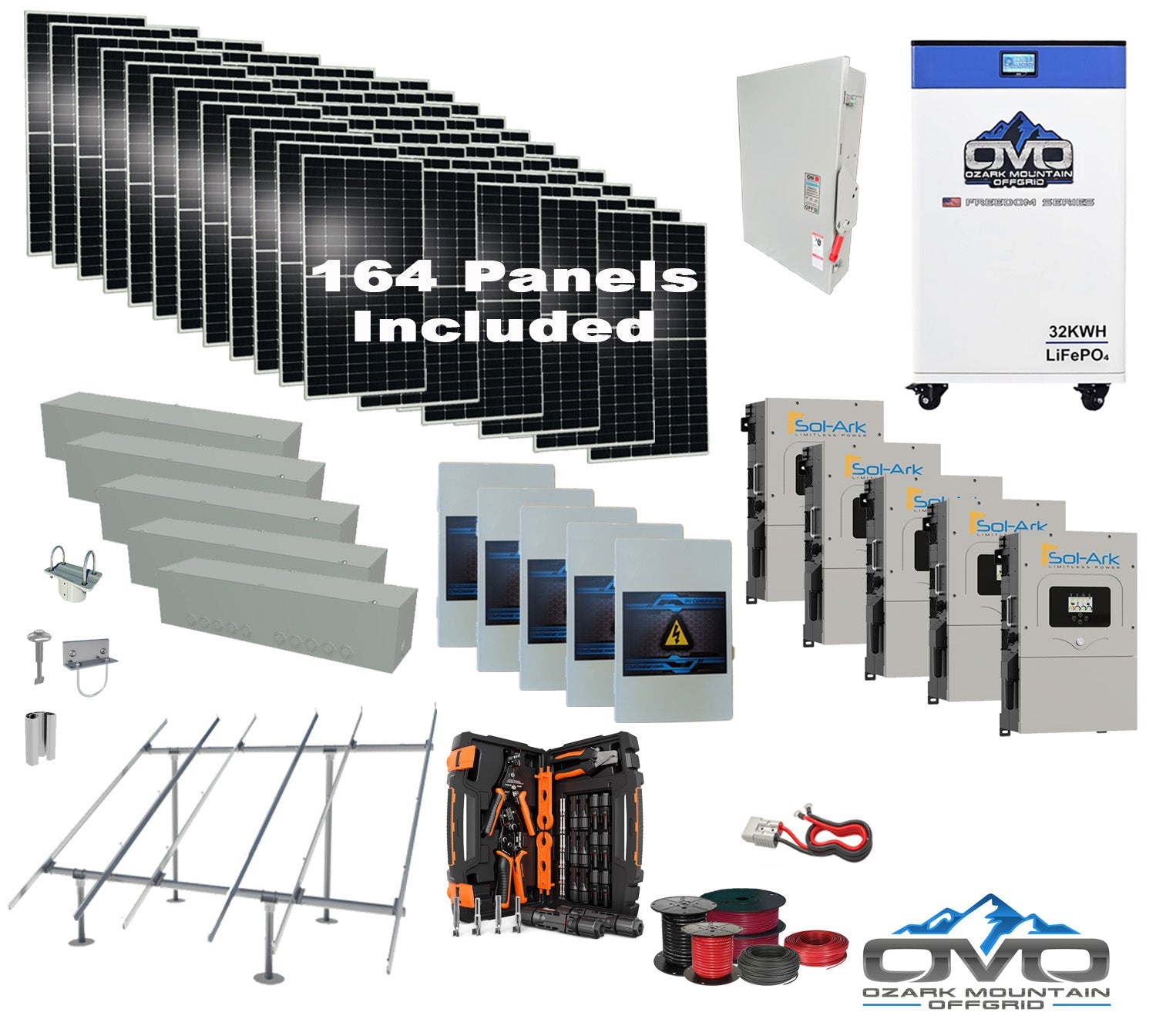 90KW Complete Offgrid Solar Kit + 5x 15K Sol-Ark Inverter + 32kWh OMO 48V Freedom Series Lithium Battery +90.2KW Solar with Ground Mount and Wiring