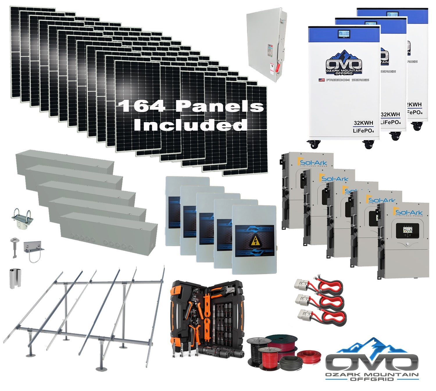 90KW Complete Offgrid Solar Kit + 5x 15K Sol-Ark Inverter + 3x 32kWh OMO 48V Freedom Series Lithium Battery +90.2KW Solar with Ground Mount and Wiring