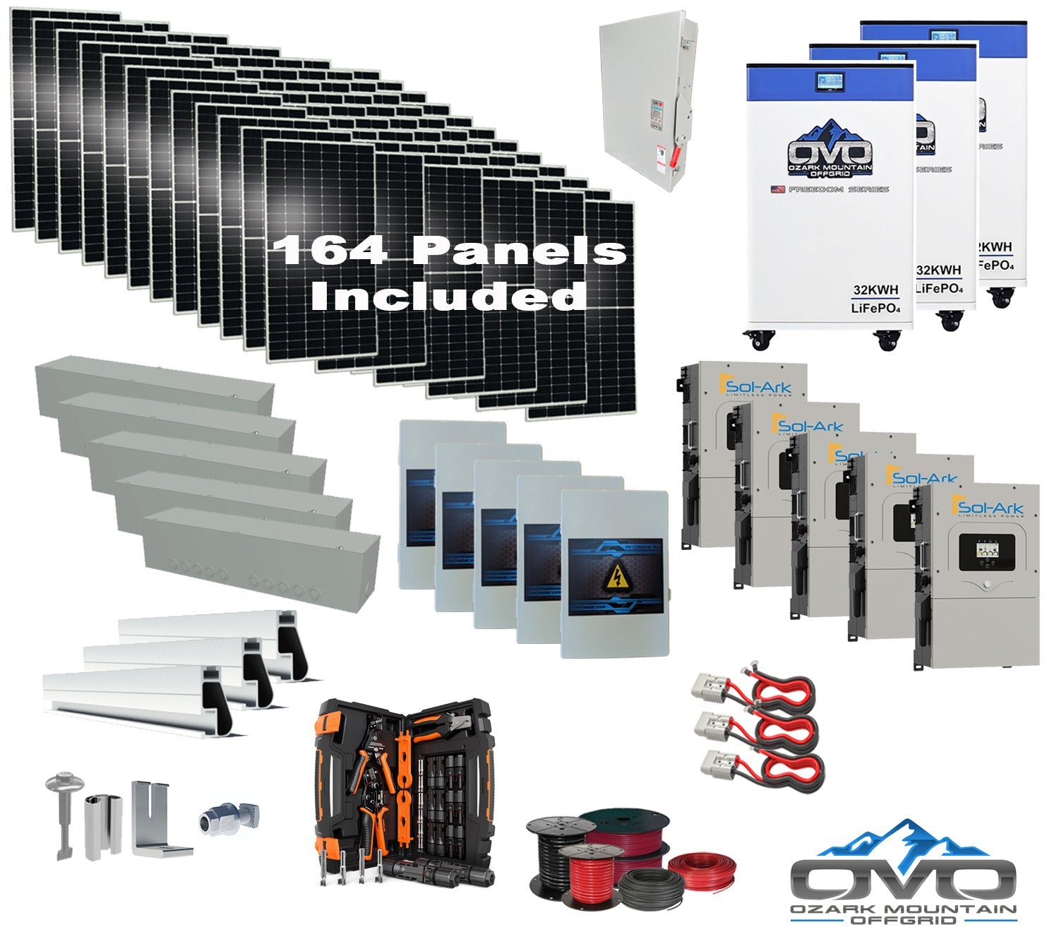 90KW Complete Offgrid Solar Kit + 5x 15K Sol-Ark Inverter + 3x 32kWh OMO 48V Freedom Series Lithium Battery +90.2KW Solar with Roof Mount and Wiring