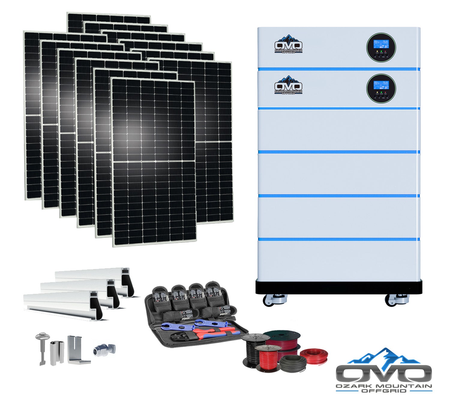 6KW OMO All-In-One Customizable Stacking Inverter/Battery System 120/240 11000W Total Inverter Output + 20.48K Lithium Battery + 6.6KW Solar Roof Mount