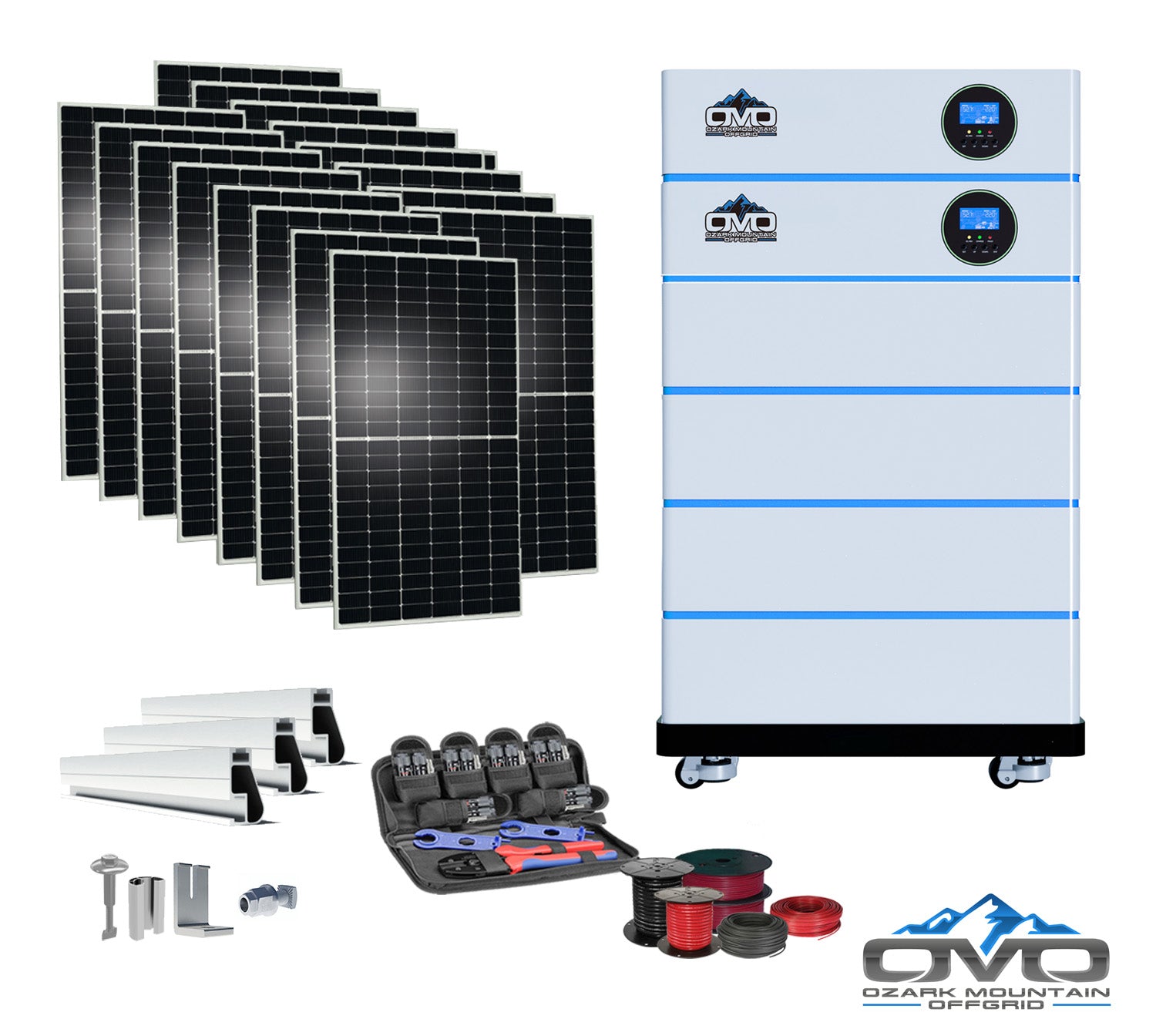 8KW OMO All-In-One Customizable Stacking Inverter/Battery System 120/240 11000W Total Inverter Output + 20.48K Lithium Battery + 8.8KW Solar Roof Mount