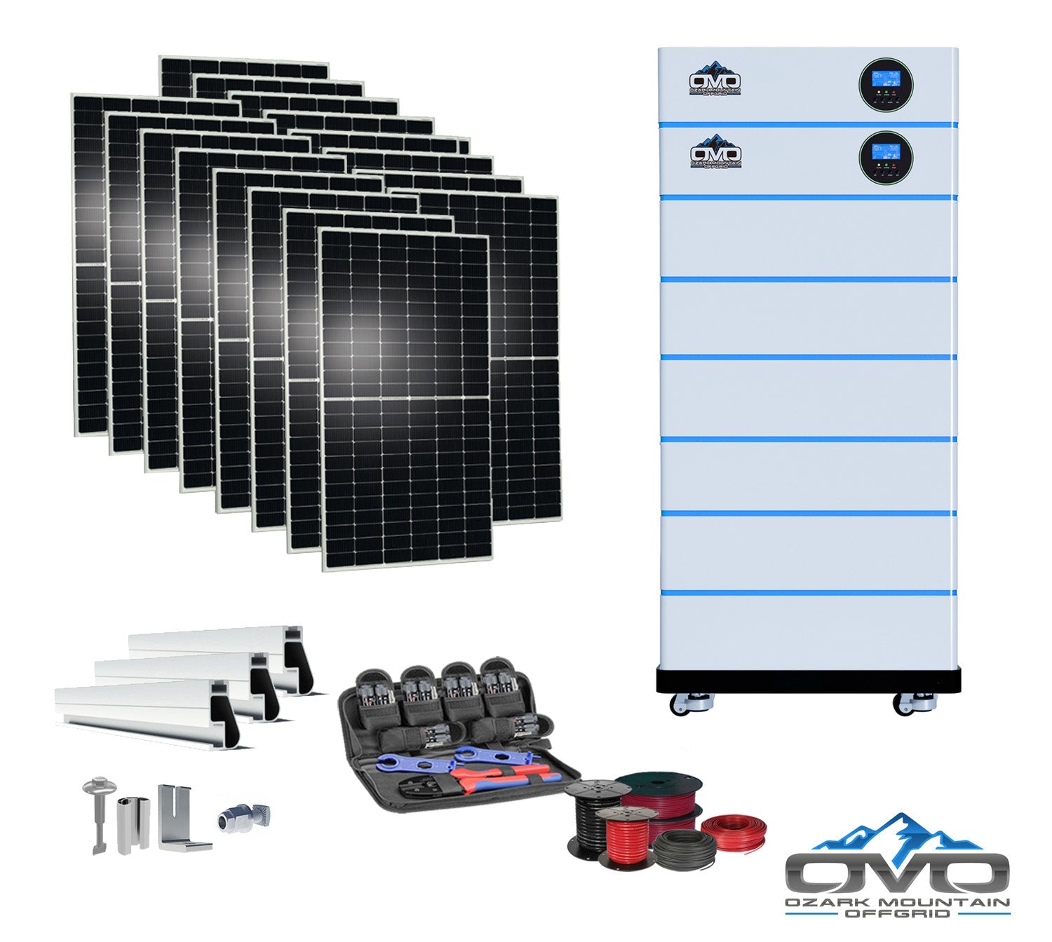 8KW OMO All-In-One Customizable Stacking Inverter/Battery System 120/240 11000W Total Inverter Output + 30.72K Lithium Battery + 8.8KW Solar Roof Mount