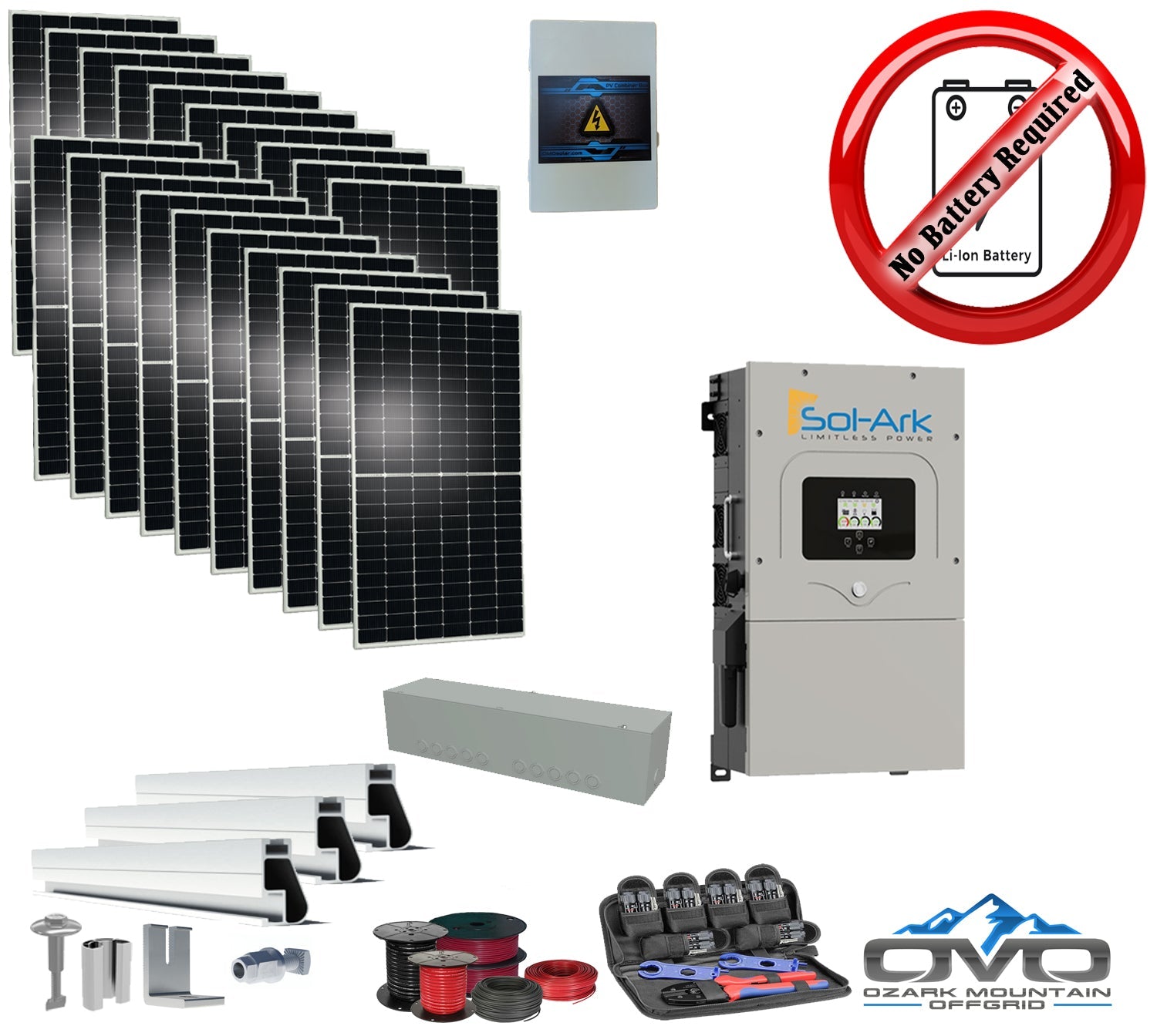 10KW Complete Offgrid Solar Kit + 15K Sol-Ark Inverter +11KW Solar with Roof Mount Rails and Wiring