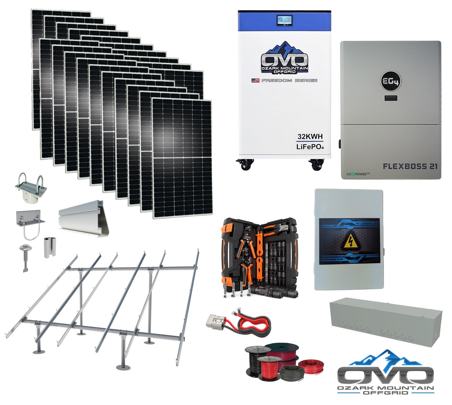 10KW Complete Offgrid Solar Kit + EG4 FlexBOSS21 + 32KW OMO 48V Freedom Series Lithium Battery + 11KW Solar with Ground Mount and Wiring