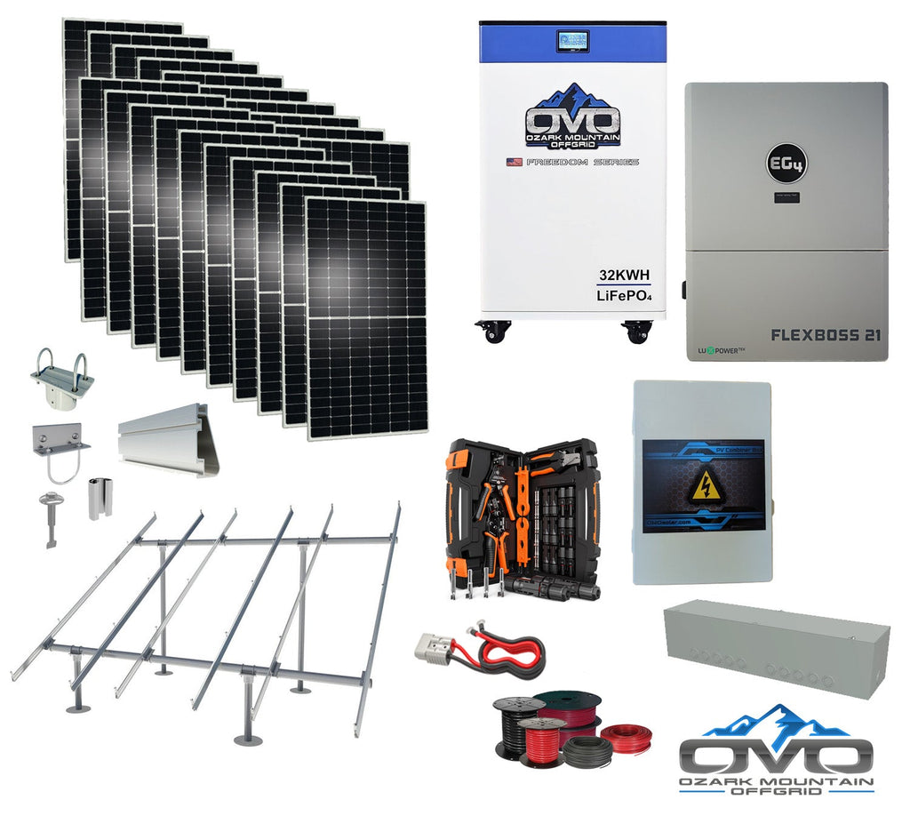 10KW Complete Offgrid Solar Kit + EG4 FlexBOSS21 + 32KW OMO 48V Freedom Series Lithium Battery + 11KW Solar with Ground Mount and Wiring