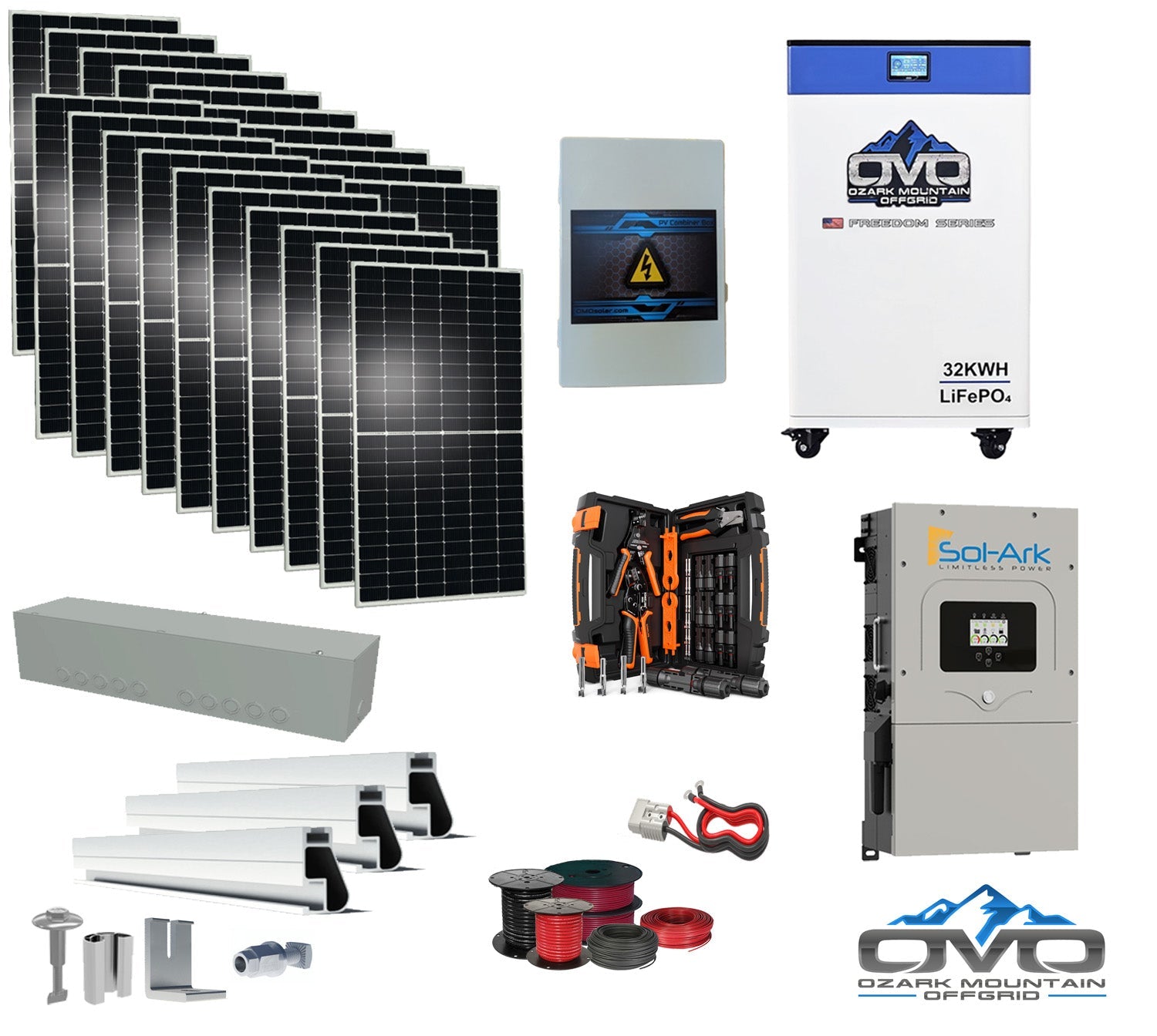 10KW Complete Offgrid Solar Kit + 15K Sol-Ark Inverter + 32kWh OMO 48V Freedom Series Lithium Battery + 11KW Solar with Roof Mount Rails and Wiring