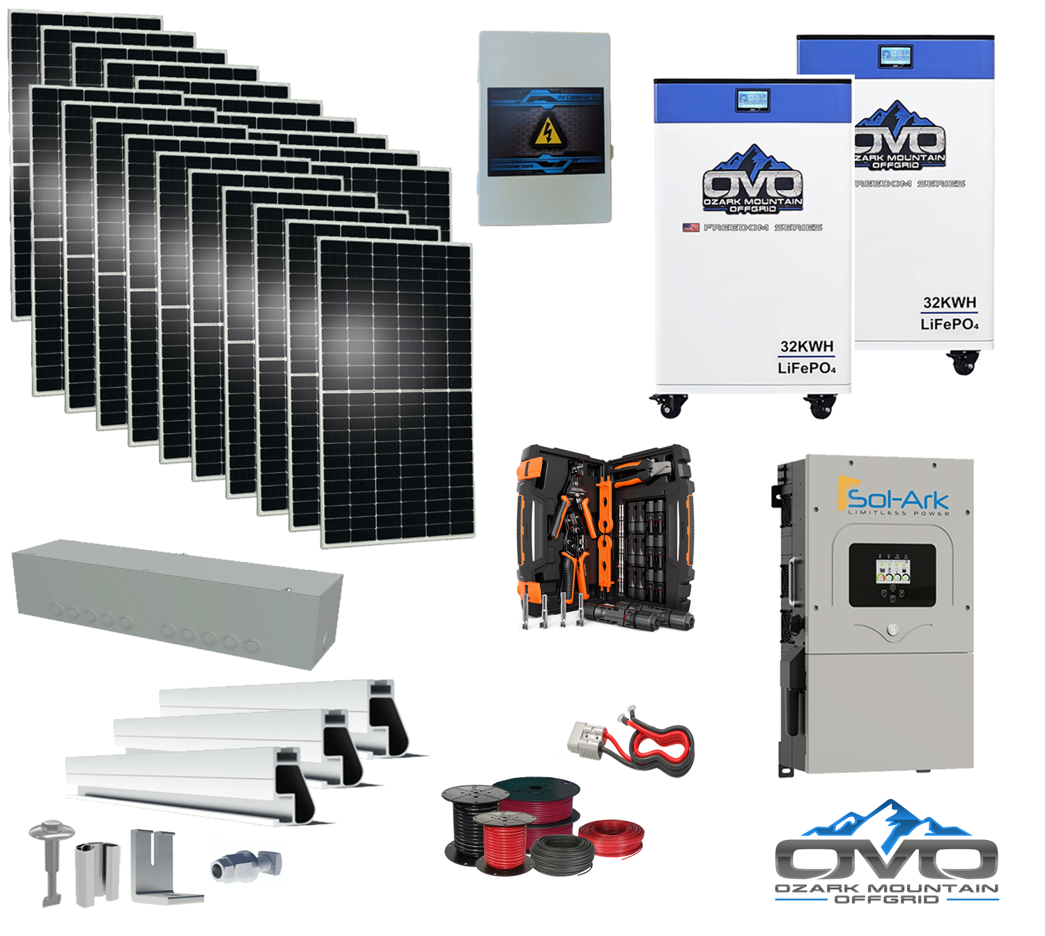 10KW Complete Offgrid Solar Kit + 15K Sol-Ark Inverter + 2x 32kWh OMO 48V Freedom Series Lithium Battery + 11KW Solar with Roof Mount and Wiring