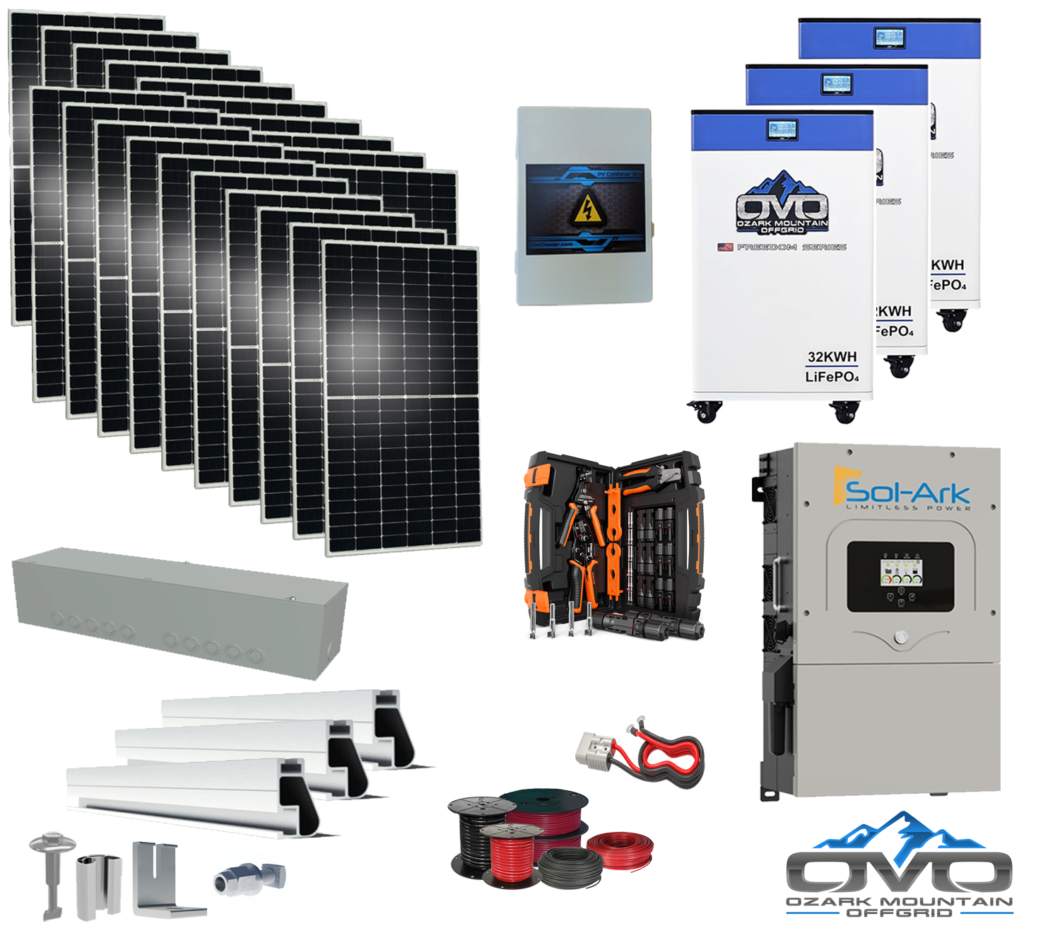 10KW Complete Offgrid Solar Kit + 15K Sol-Ark Inverter + 3 x 32kWh OMO 48V Freedom Series Lithium Battery + 11KW Solar with Roof Mount and Wiring