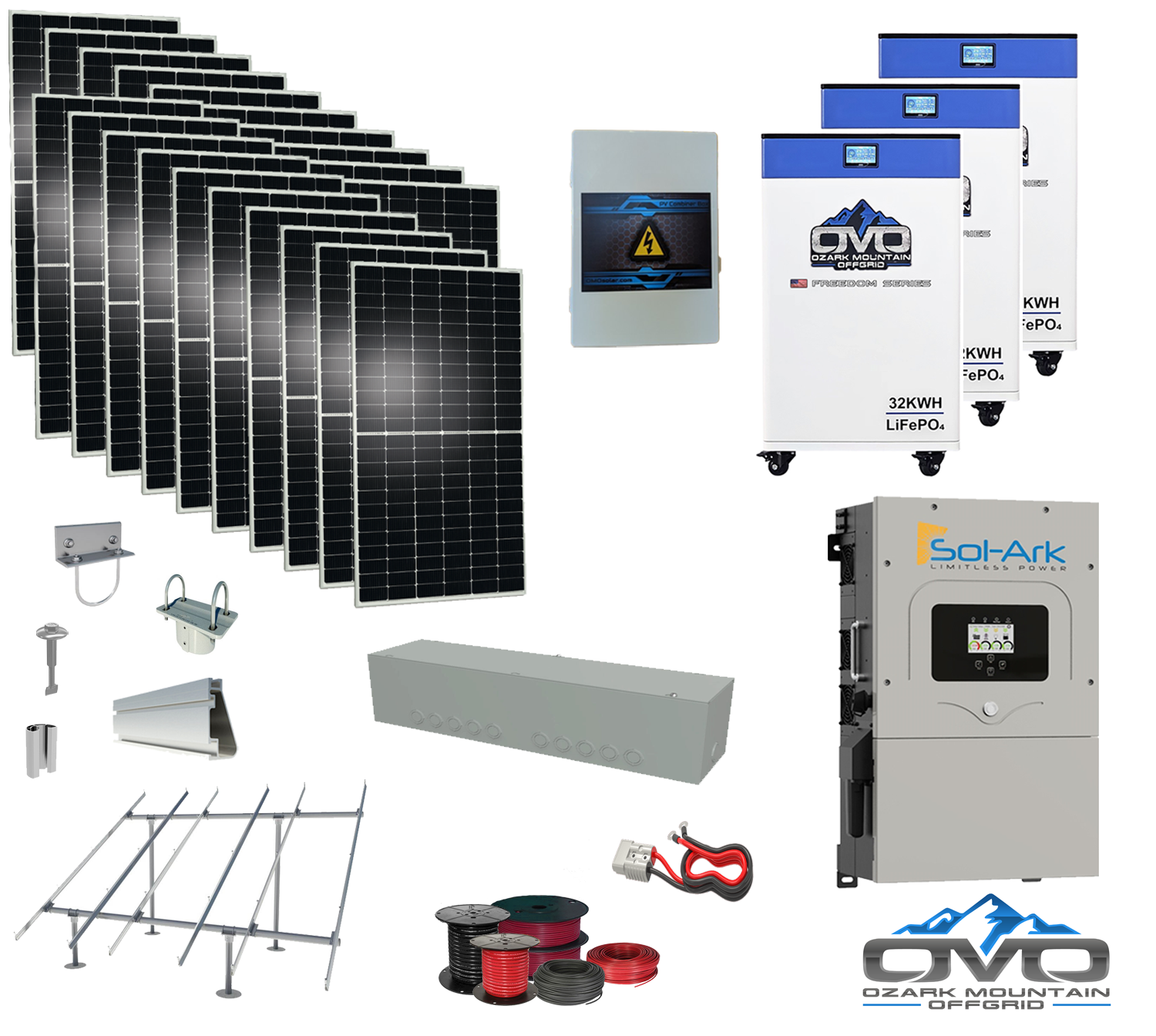 10KW Complete Offgrid Solar Kit + 15K Sol-Ark Inverter + 3x 32kWh OMO 48V Freedom Series Lithium Battery + 11KW Solar with Ground Mount and Wiring