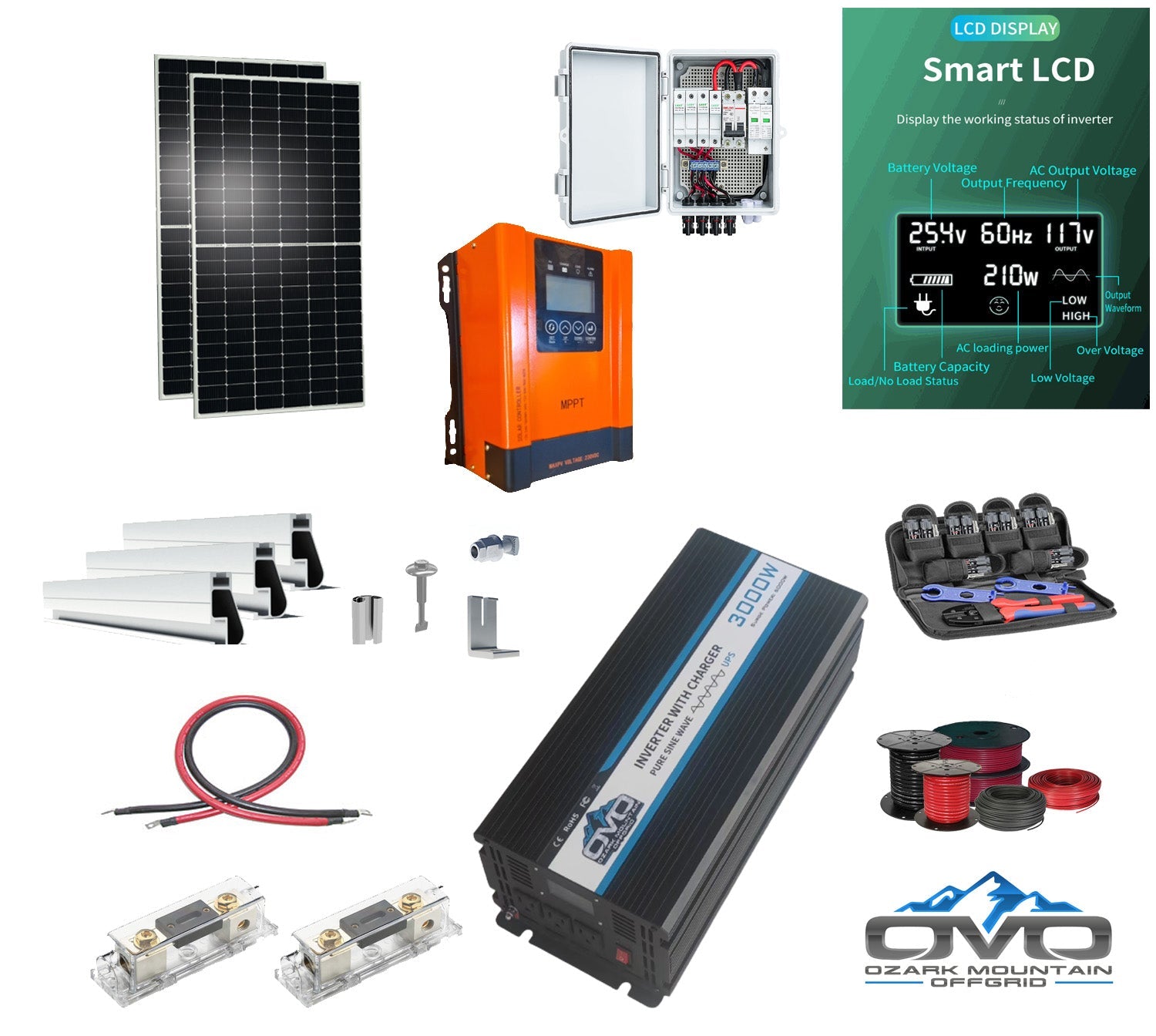 1.1KW Offgrid Solar Kit + 3KW Inverter/Charger + 60A MPPT Charge Controller