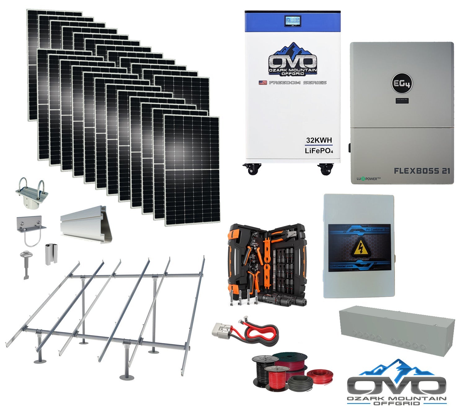 12KW Complete Offgrid Solar Kit + EG4 FlexBOSS21 + 32KW OMO 48V Freedom Series Lithium Battery + 13.2KW Solar with Ground Mount and Wiring