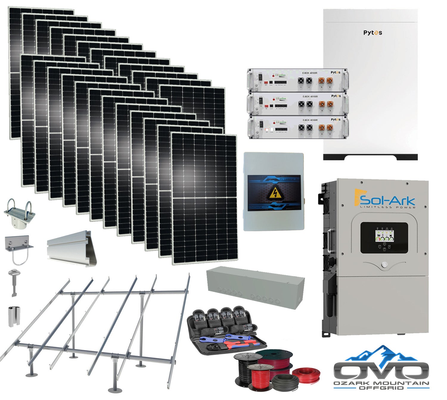 12KW Complete Offgrid Solar Kit - 15.36kWh Pytes Lithium Battery + 15K Sol-Ark Inverter +13.2KW Solar with Ground Mount Rails and Wiring