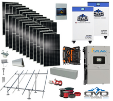 Load image into Gallery viewer, 12KW Complete Offgrid Solar Kit - 2x 32kWh OMO 48V Freedom Series Lithium Battery + 15K Sol-Ark Inverter +13.2KW Solar with Ground Mount and Wiring