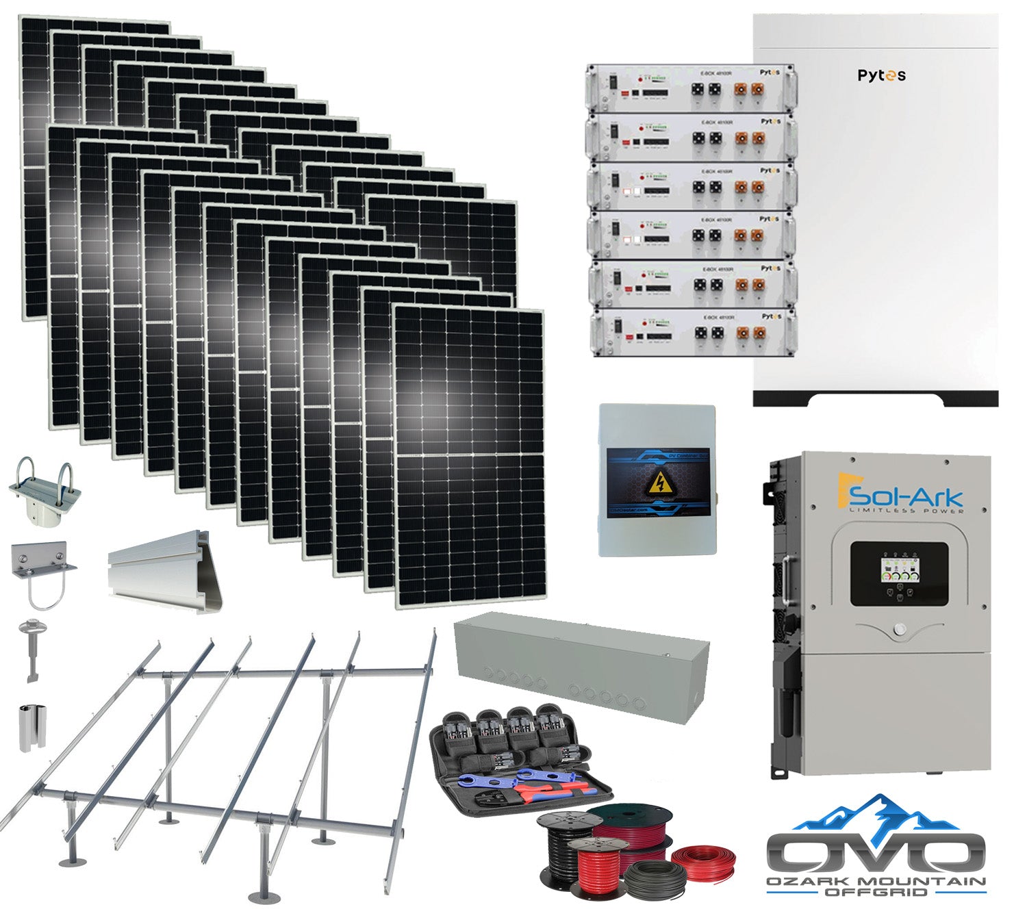 12KW Complete Offgrid Solar Kit - 30.72kWh Pytes Lithium Battery + 15K Sol-Ark Inverter +13.2KW Solar with Ground Mount Rails and Wiring