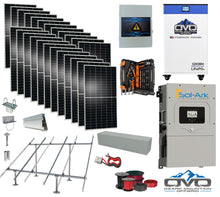 Load image into Gallery viewer, 12KW Complete Offgrid Solar Kit - 32kWh OMO 48V Freedom Series Lithium Battery + 15K Sol-Ark Inverter +13.2KW Solar with Ground Mount Rails and Wiring