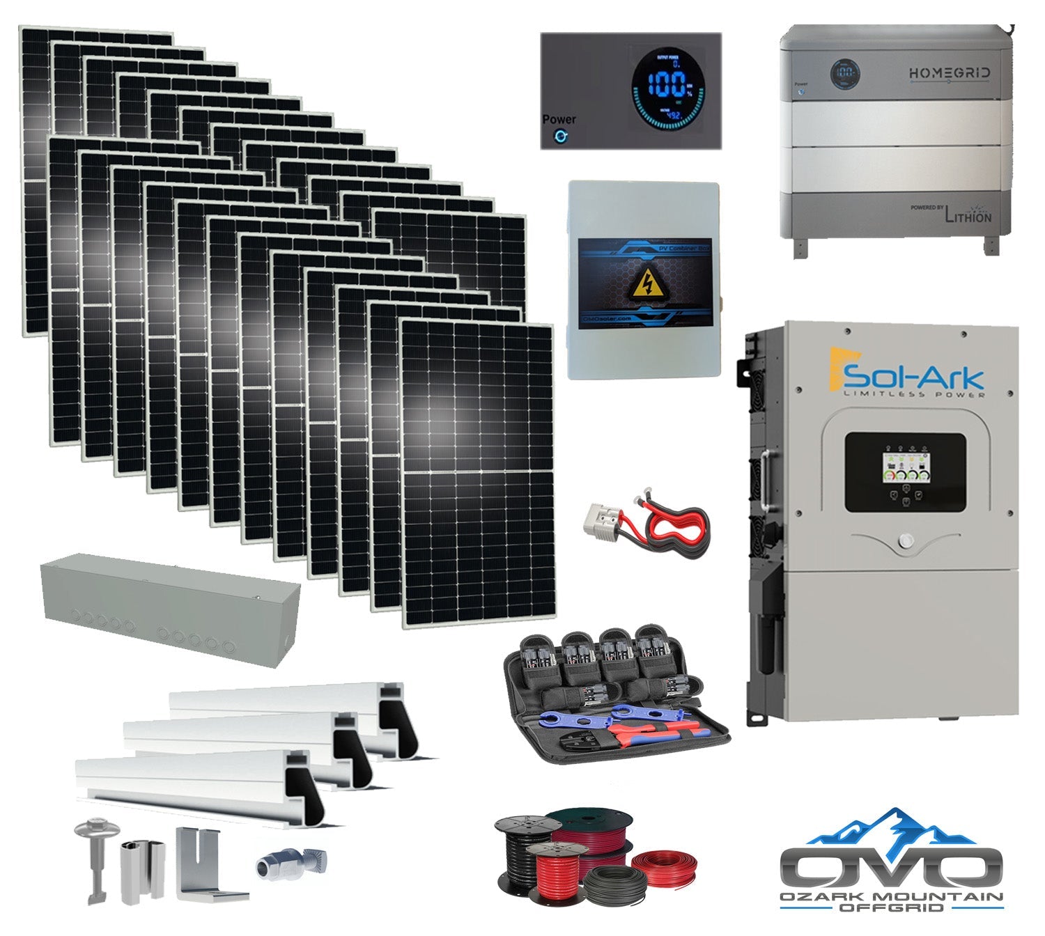 12KW Complete Offgrid Solar Kit - Homegrid 9.6kWh Lithium Battery + 15K Sol-Ark Inverter +13.2KW Solar with Mounting Rails and Wiring