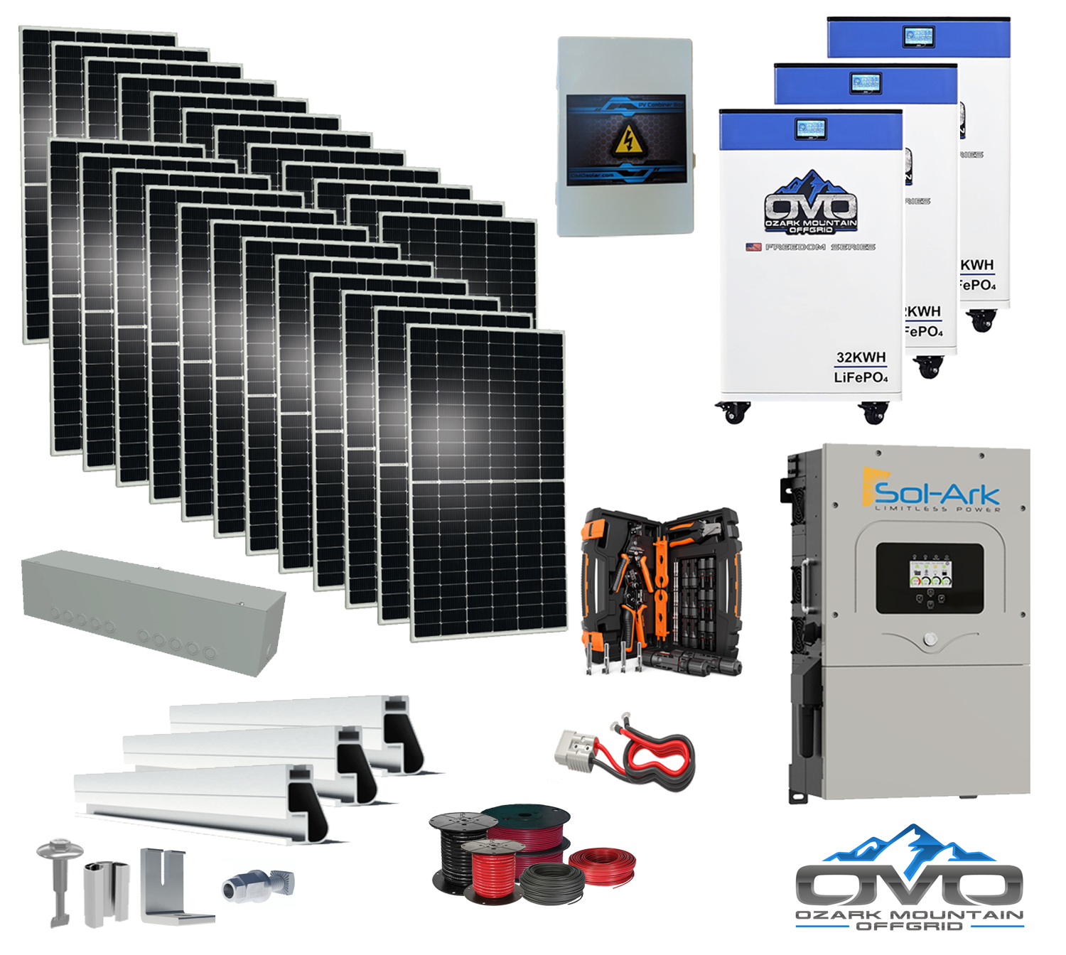 12KW Complete Offgrid Solar Kit - 3x 32kWh OMO 48V Freedom Series Lithium Battery + 15K Sol-Ark Inverter +13.2KW Solar with Roof Mount and Wiring