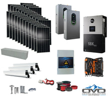 Load image into Gallery viewer, 15KW Complete Offgrid Solar Kit + EG4 18kPV + 2x 14.3KW 48V EG4 Lithium Indoor Wall Battery + 15.4KW Solar with Roof Mounting Rails and Wiring