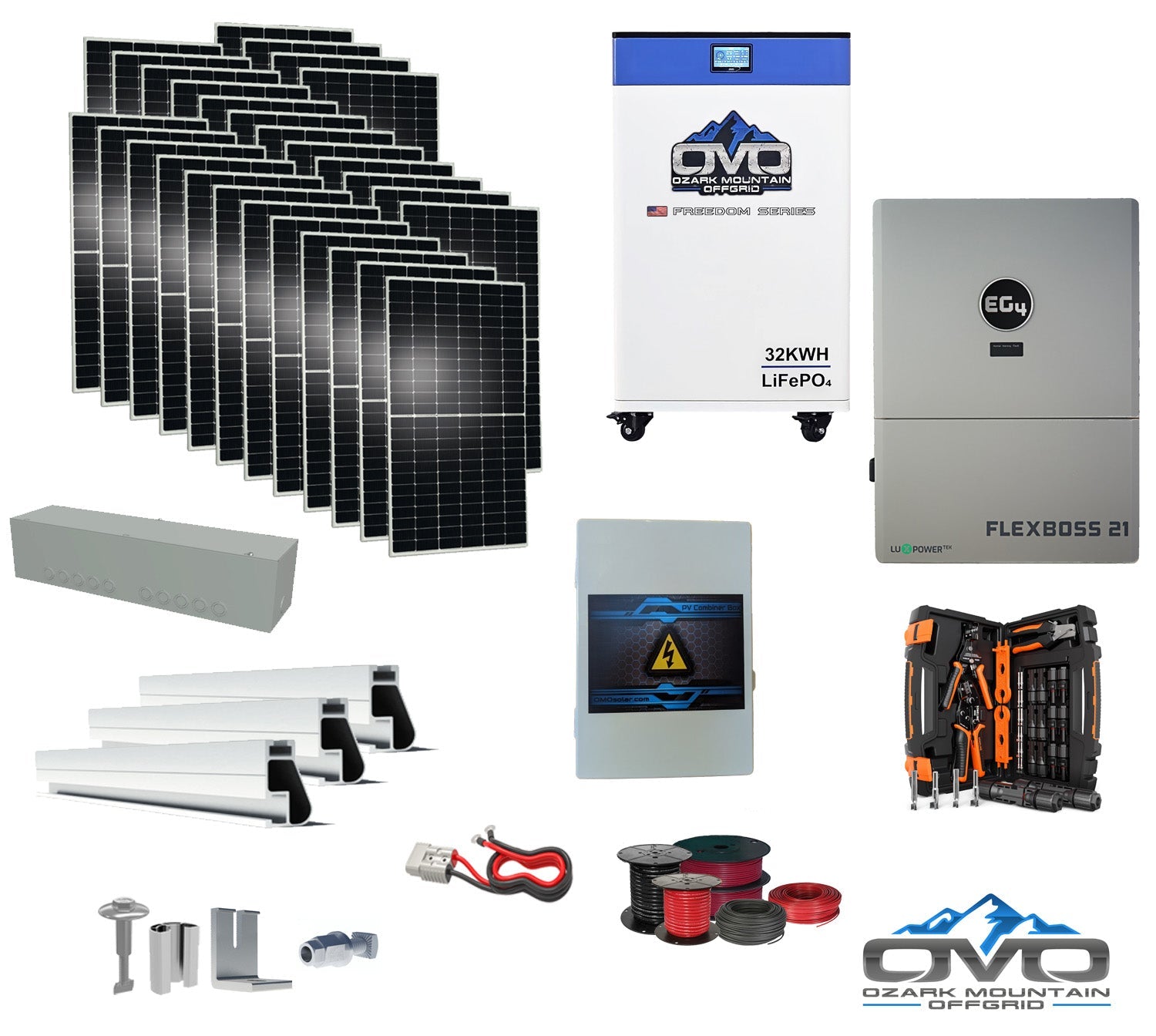 15KW Complete Offgrid Solar Kit + EG4 FlexBOSS21 + 32KW OMO 48V Freedom Series Lithium Battery + 15.4KW Solar with Roof Mounting Rails and Wiring