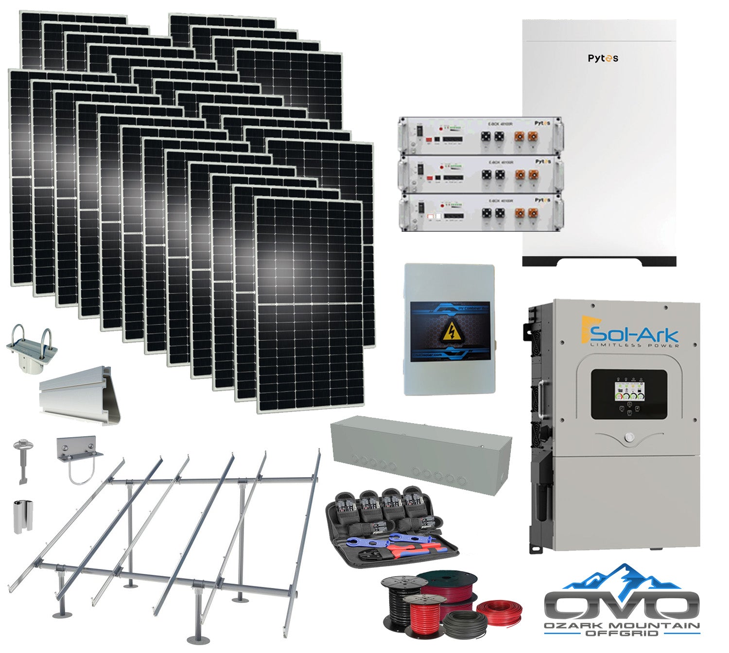 15KW Complete Offgrid Solar Kit - 15.36kWh Pytes Lithium Battery + 15K Sol-Ark Inverter +15.4KW Solar with Ground Mount Rails and Wiring