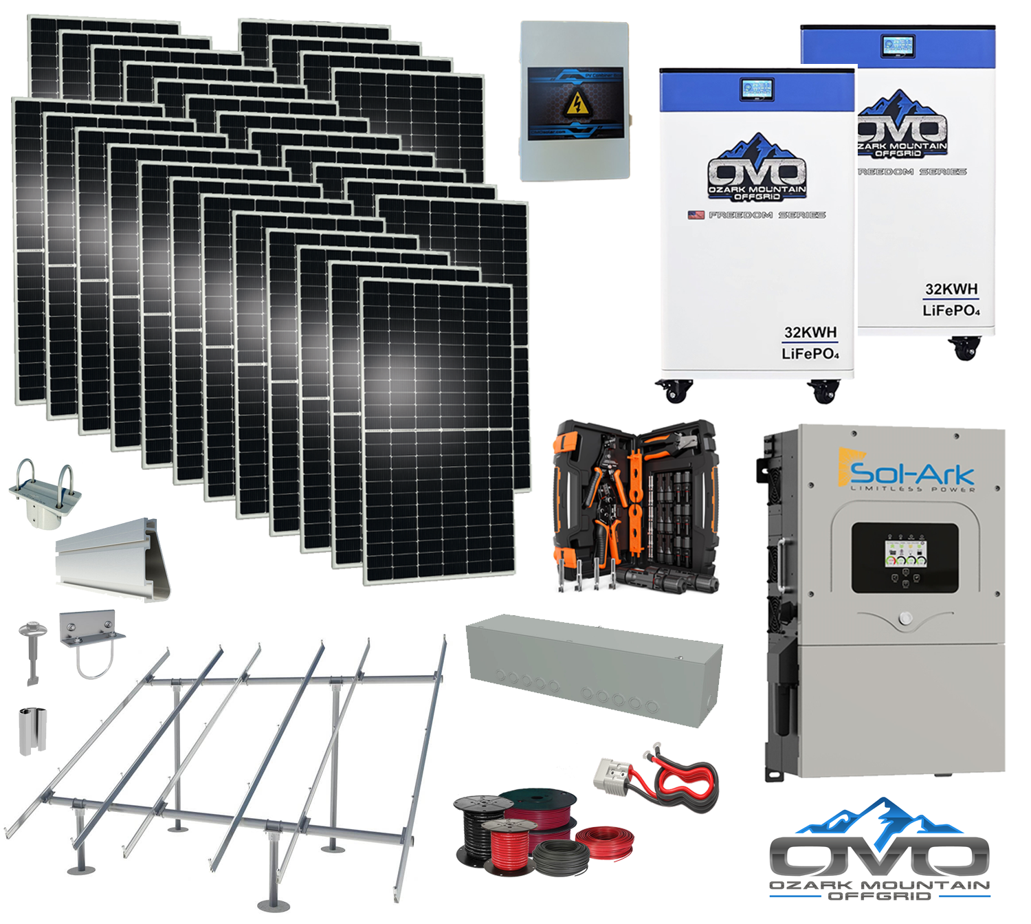 15KW Complete Offgrid Solar Kit - 2x 32kWh OMO 48V Freedom Series Lithium Battery + 15K Sol-Ark Inverter +15.4KW Solar with Ground Mount and Wiring