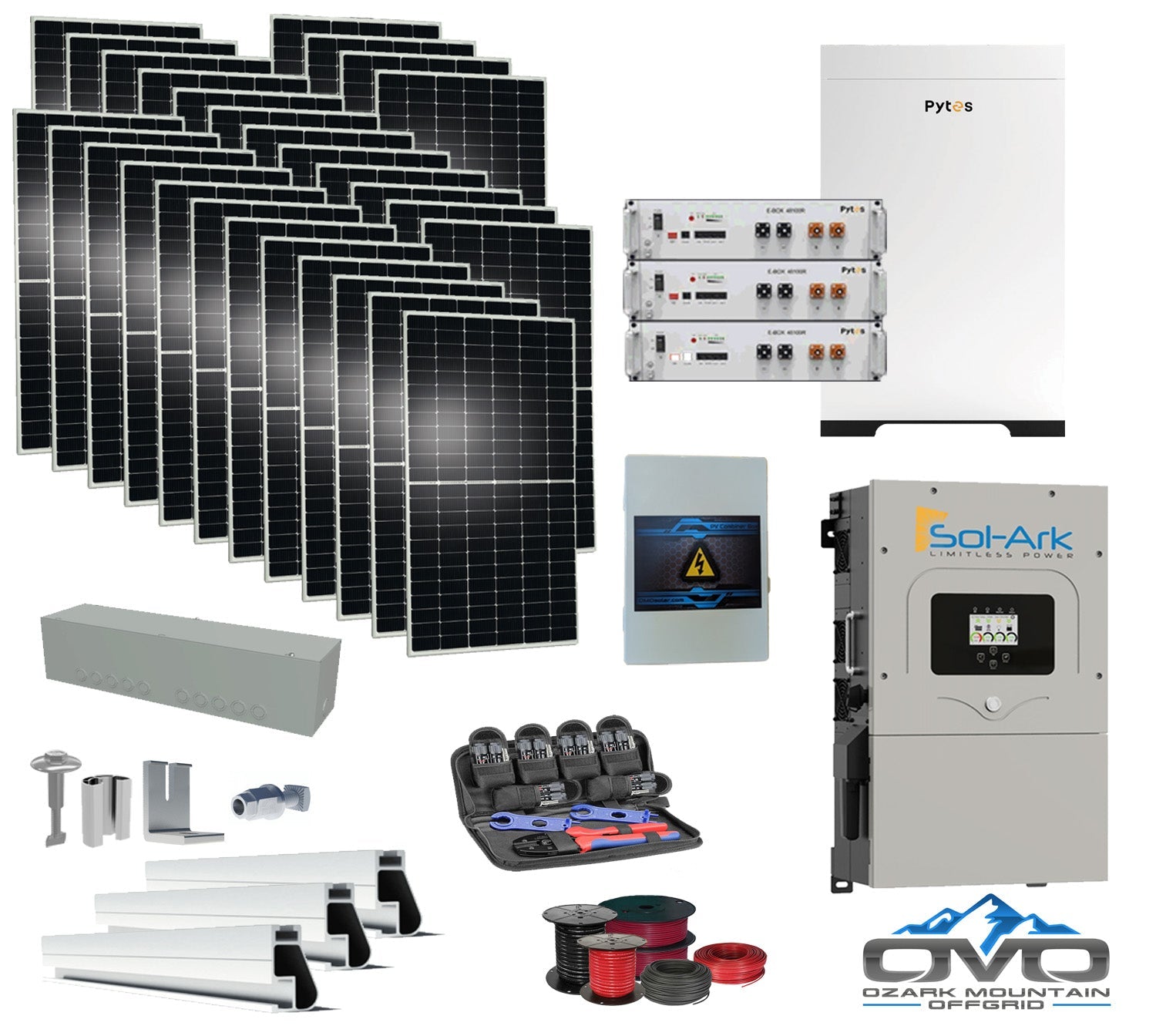 15KW Complete Offgrid Solar Kit - 15.36kWh Pytes Lithium Battery + 15K Sol-Ark Inverter +15.4KW Solar with Mounting Rails and Wiring
