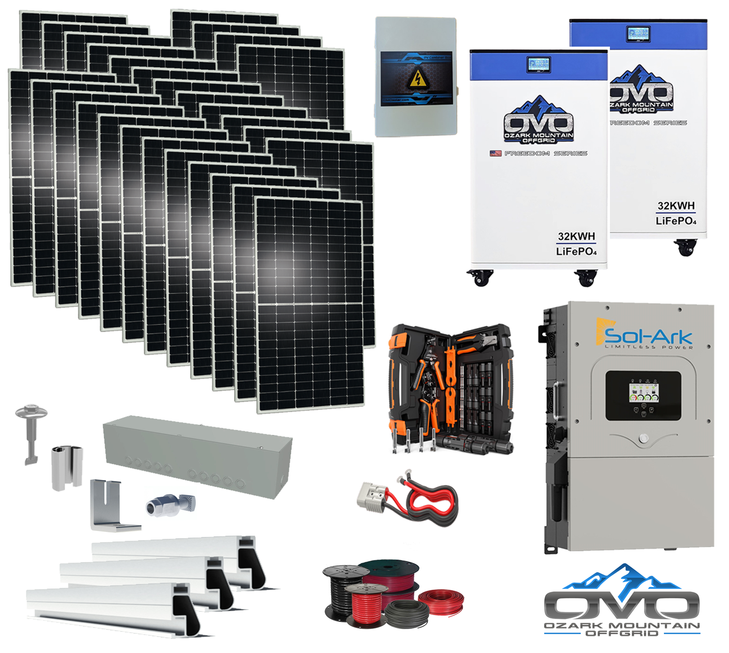 15KW Complete Offgrid Solar Kit - 2x 32kWh OMO 48V Freedom Series Lithium Battery + 15K Sol-Ark Inverter +15.4KW Solar with Roof Mount and Wiring