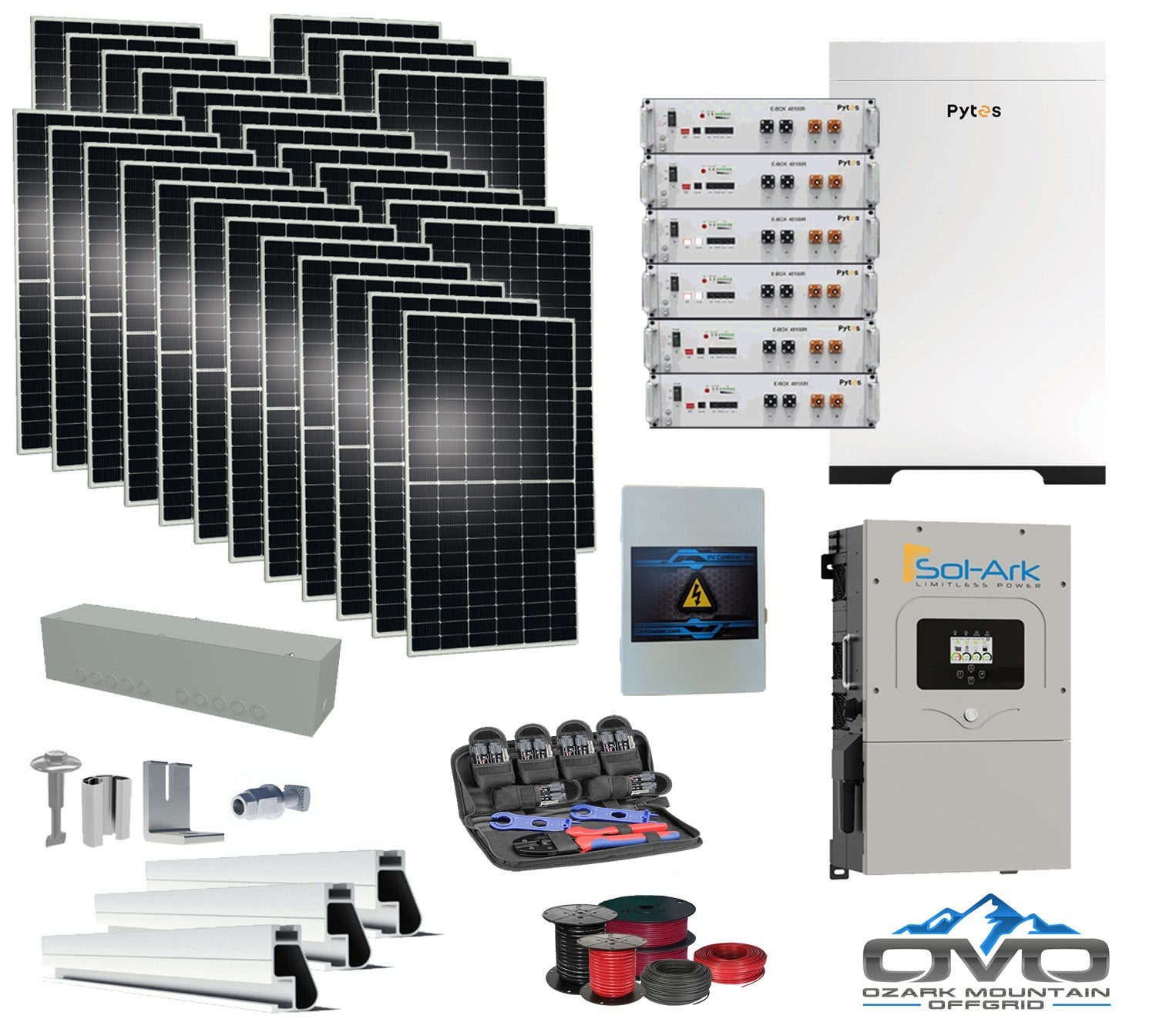 15KW Complete Offgrid Solar Kit - 30.72kWh Pytes Lithium Battery + 15K Sol-Ark Inverter +15.4KW Solar with Mounting Rails and Wiring