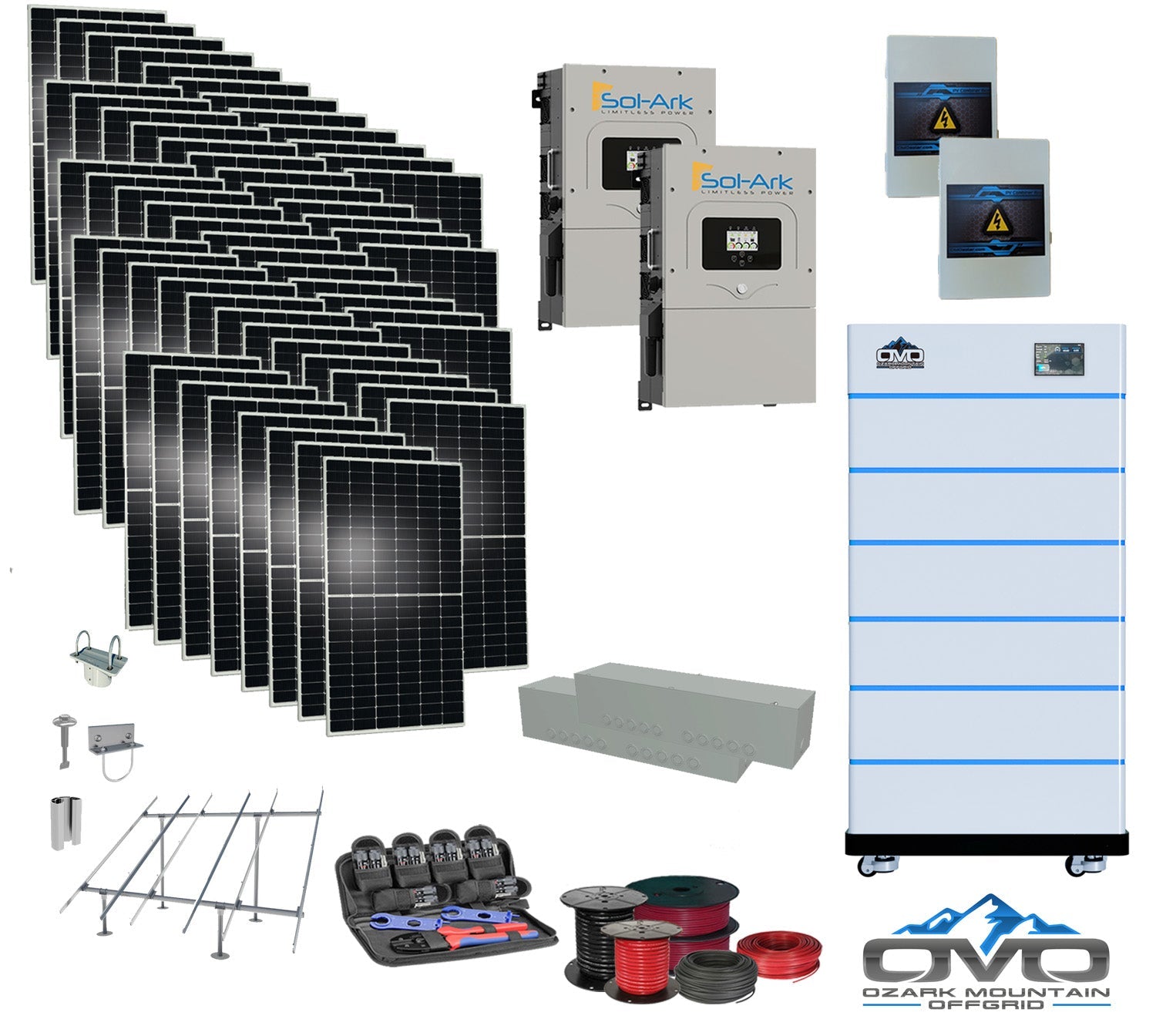 30KW Complete Offgrid Solar Kit - 15K Sol-Ark Inverter + 30.72KW OMO Stack Lithium Battery +30.8KW Solar with Ground Mount and Wiring