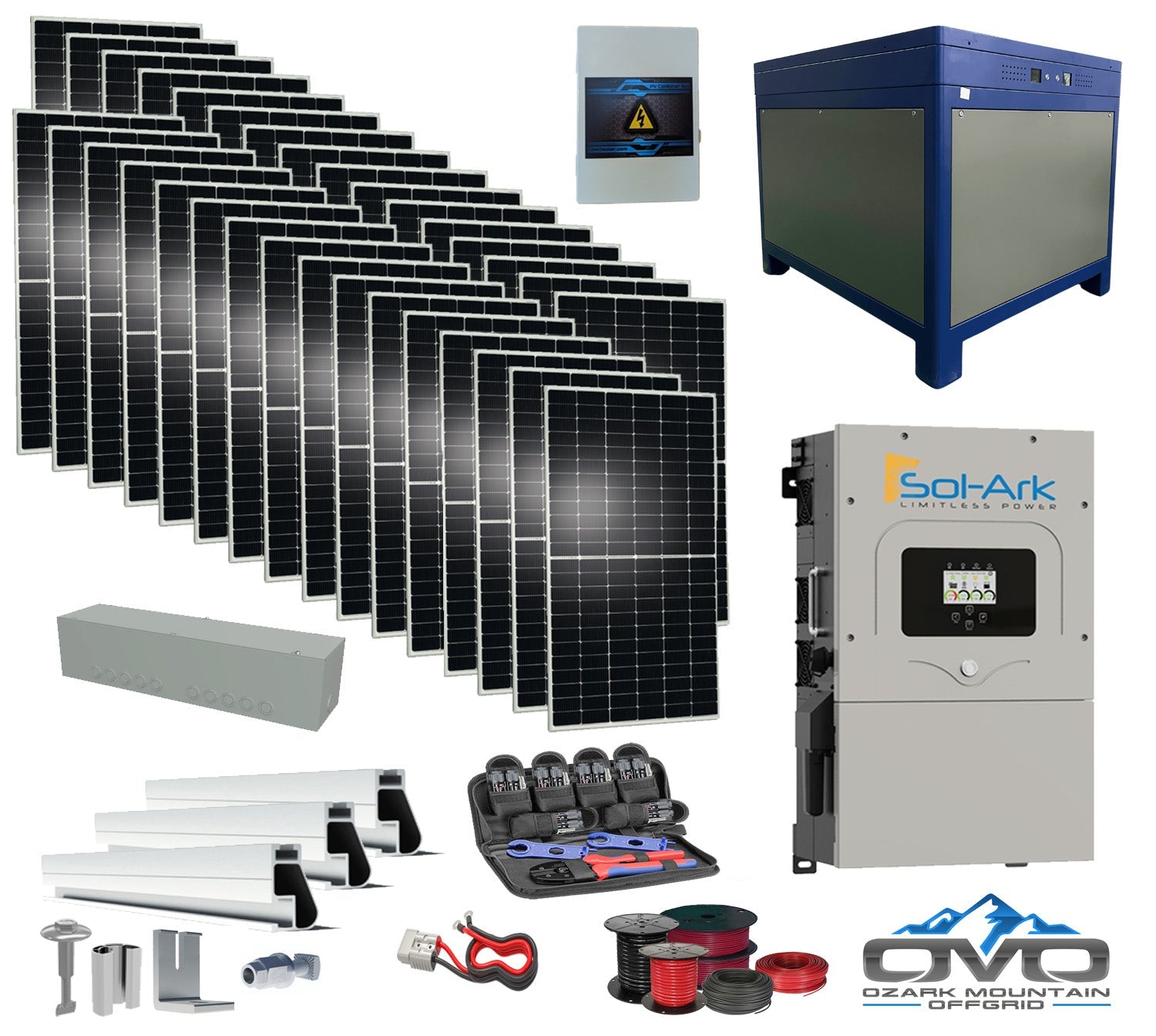 17KW Complete Offgrid Solar Kit - 62kWh Lithium Battery + 15K Sol-Ark Inverter +17.6KW Solar with Roof Mounting Rails and Wiring