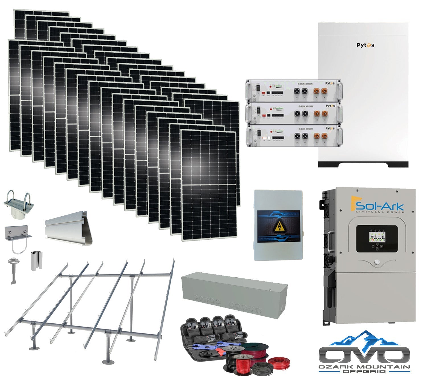 17KW Complete Offgrid Solar Kit - 15.36kWh Pytes Lithium Battery + 15K Sol-Ark Inverter +17.6KW Solar with Ground Mount and Wiring