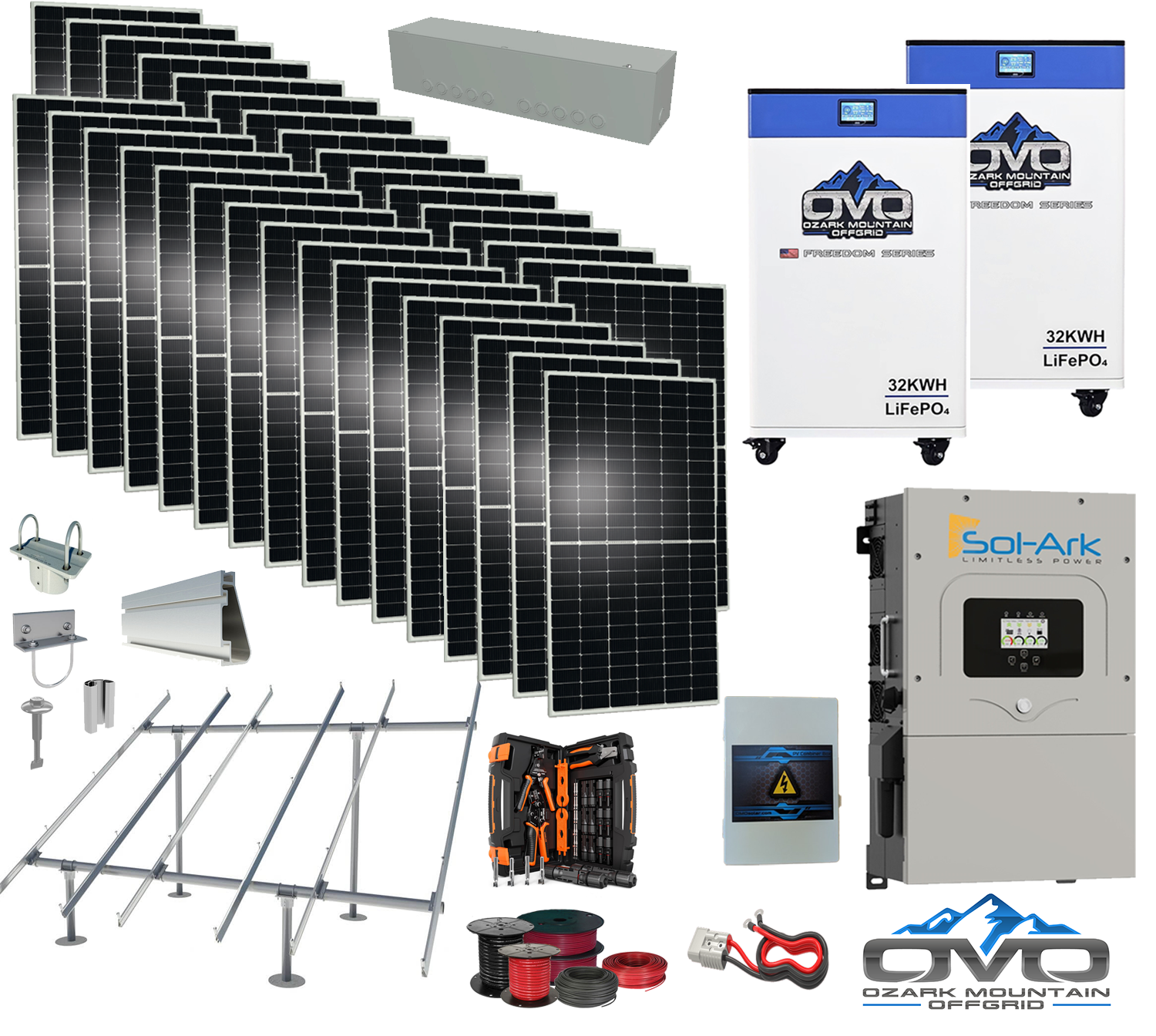 17KW Complete Offgrid Solar Kit - 2x 32kWh OMO 48V Freedom Series Lithium Battery + 15K Sol-Ark Inverter +17.6KW Solar with Ground Mount and Wiring