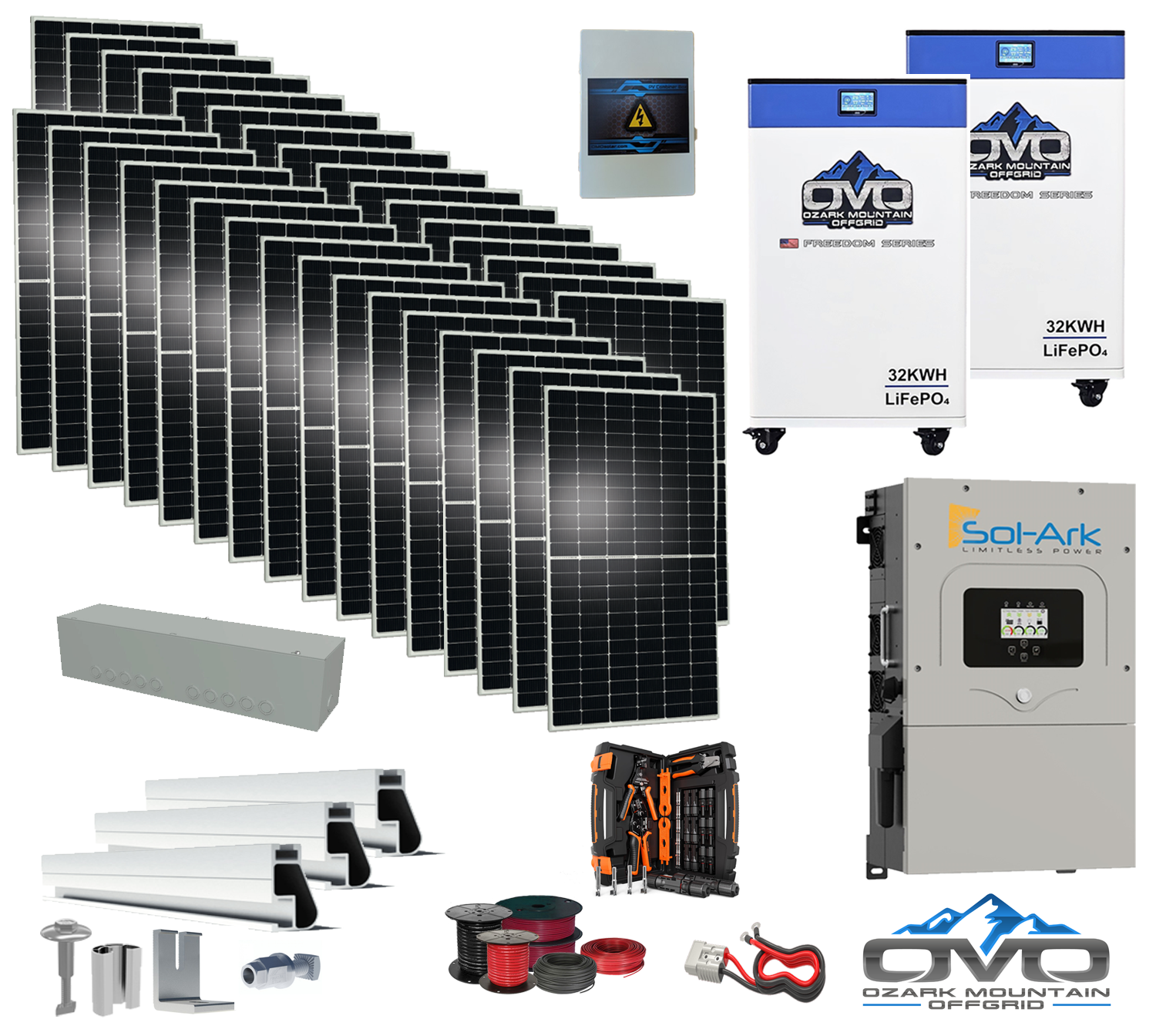 17KW Complete Offgrid Solar Kit - 2x 32kWh OMO 48V Freedom Series Lithium Battery + 15K Sol-Ark Inverter + 17.6KW Solar with Roof Mount and Wiring